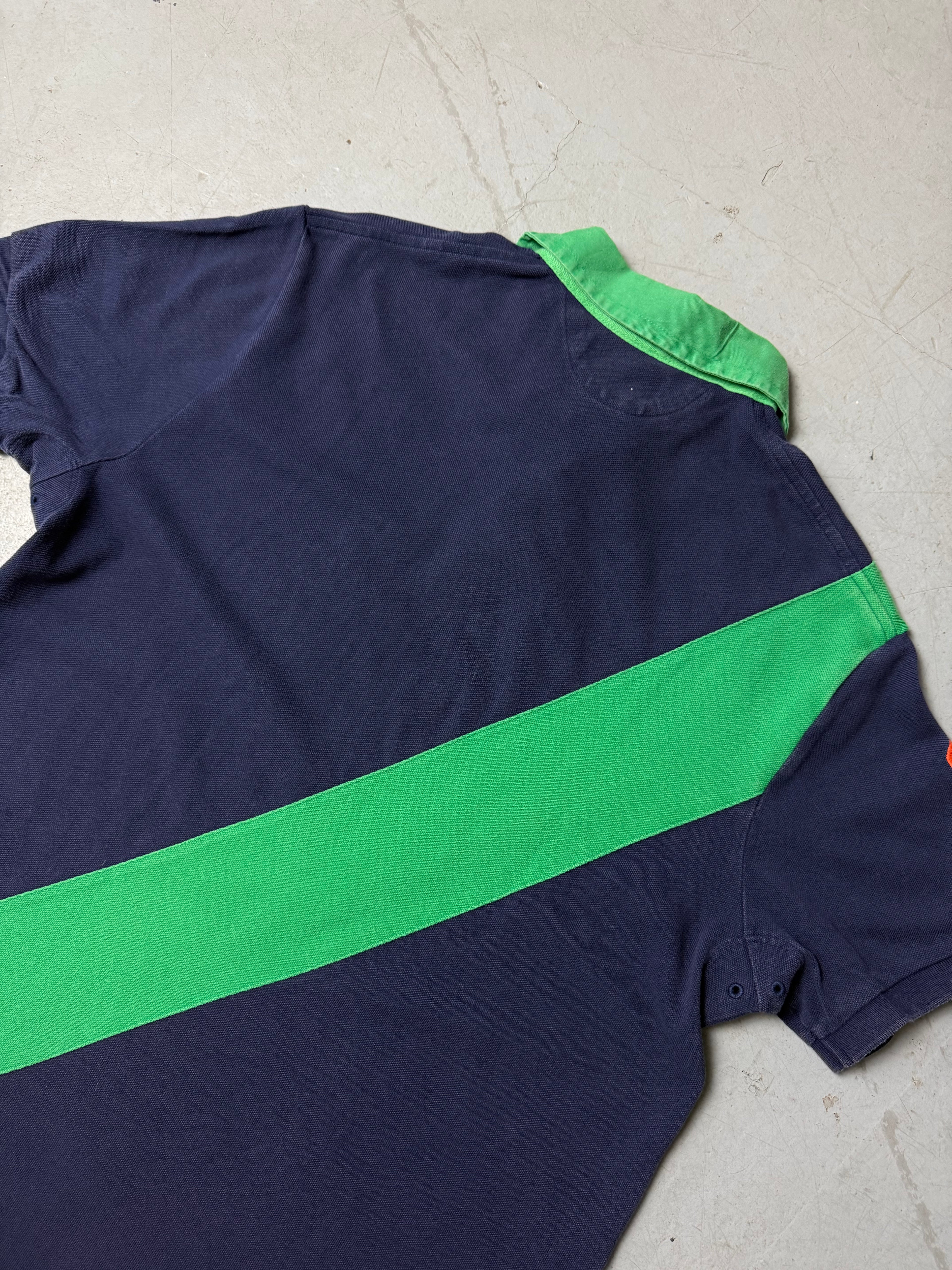 Vintage Polo Ralph Lauren Blue and Green Polo Shirt whit a big horse stitch for boys. Y2K Second Hand 2000s Fashion 