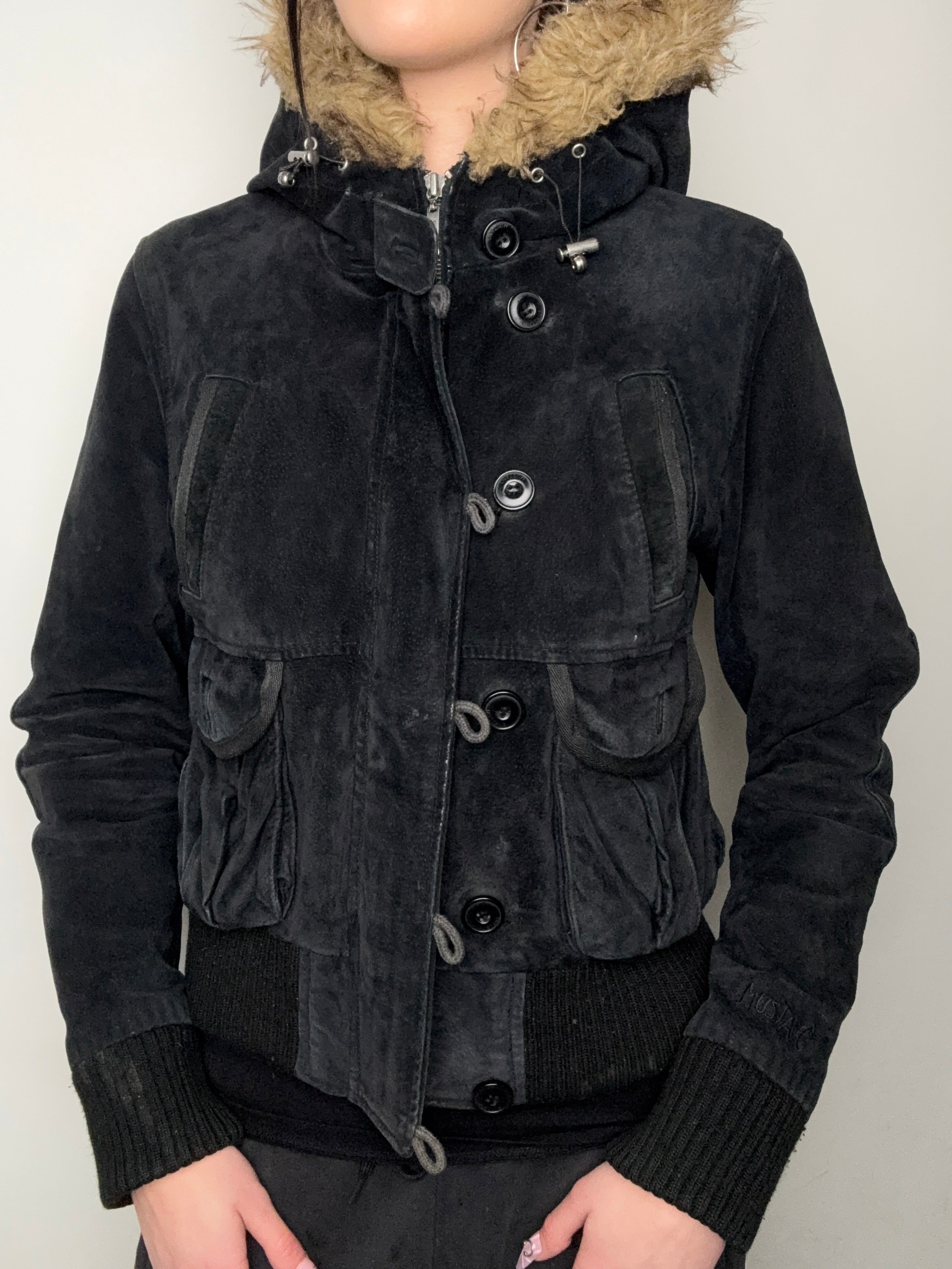 Vintage Mustang Black Fur Hooded Leather Jacket for women. Y2K Second Hand 2000s Fashion 