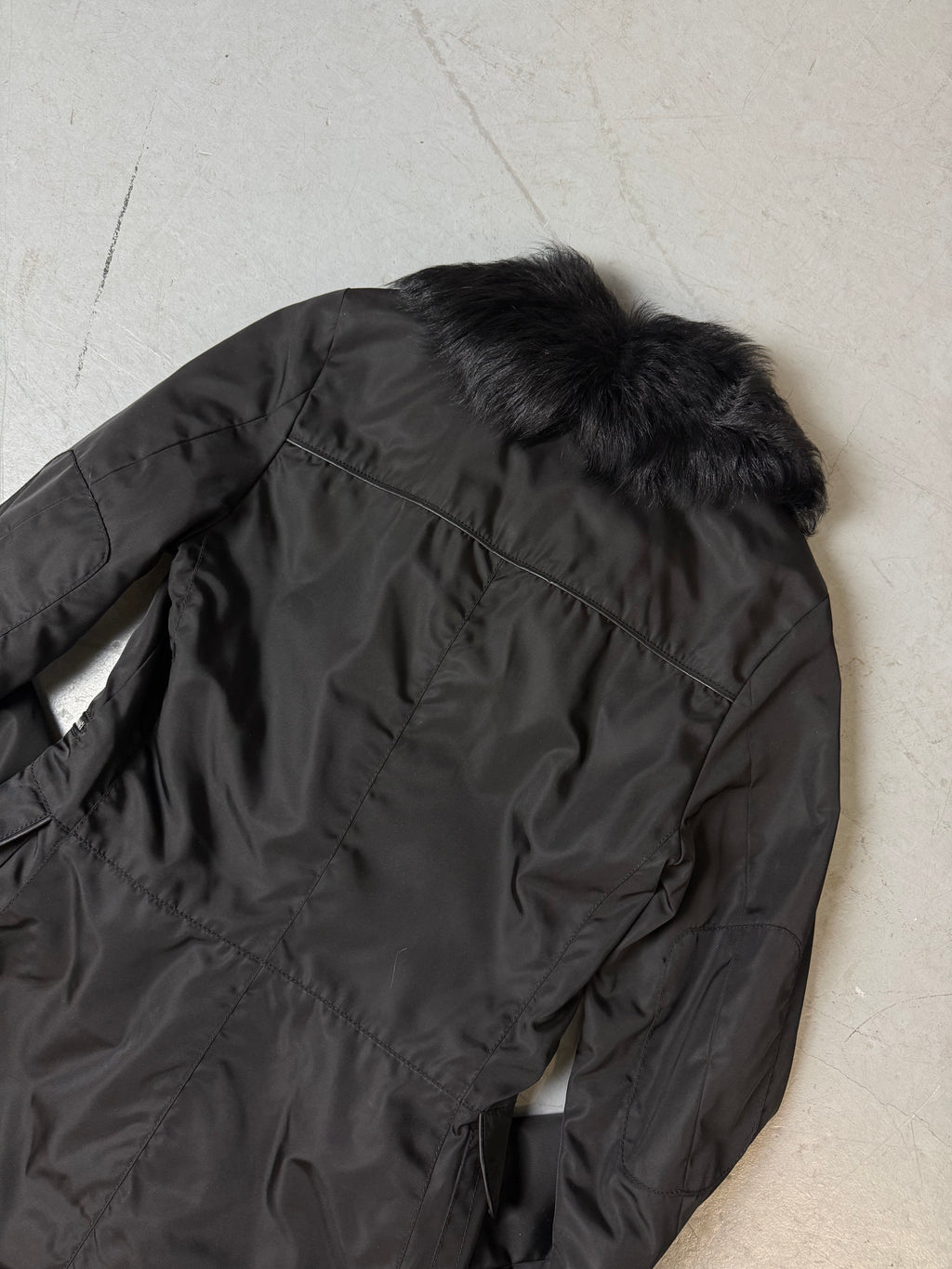 Vintage Prada Black Coat with Sheep Fur Collar M