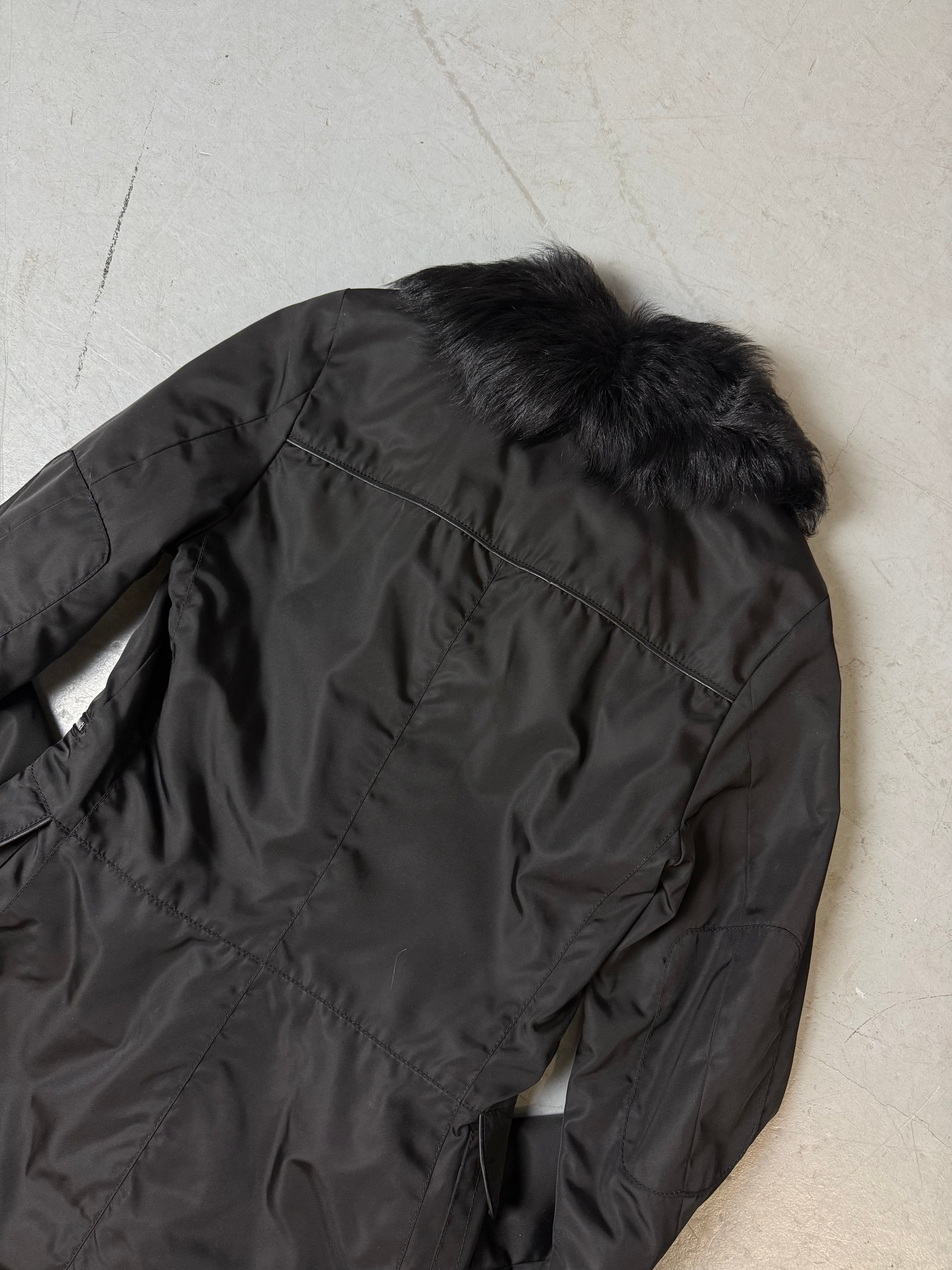 Vintage Prada Black Coat with Sheep Fur Collar M