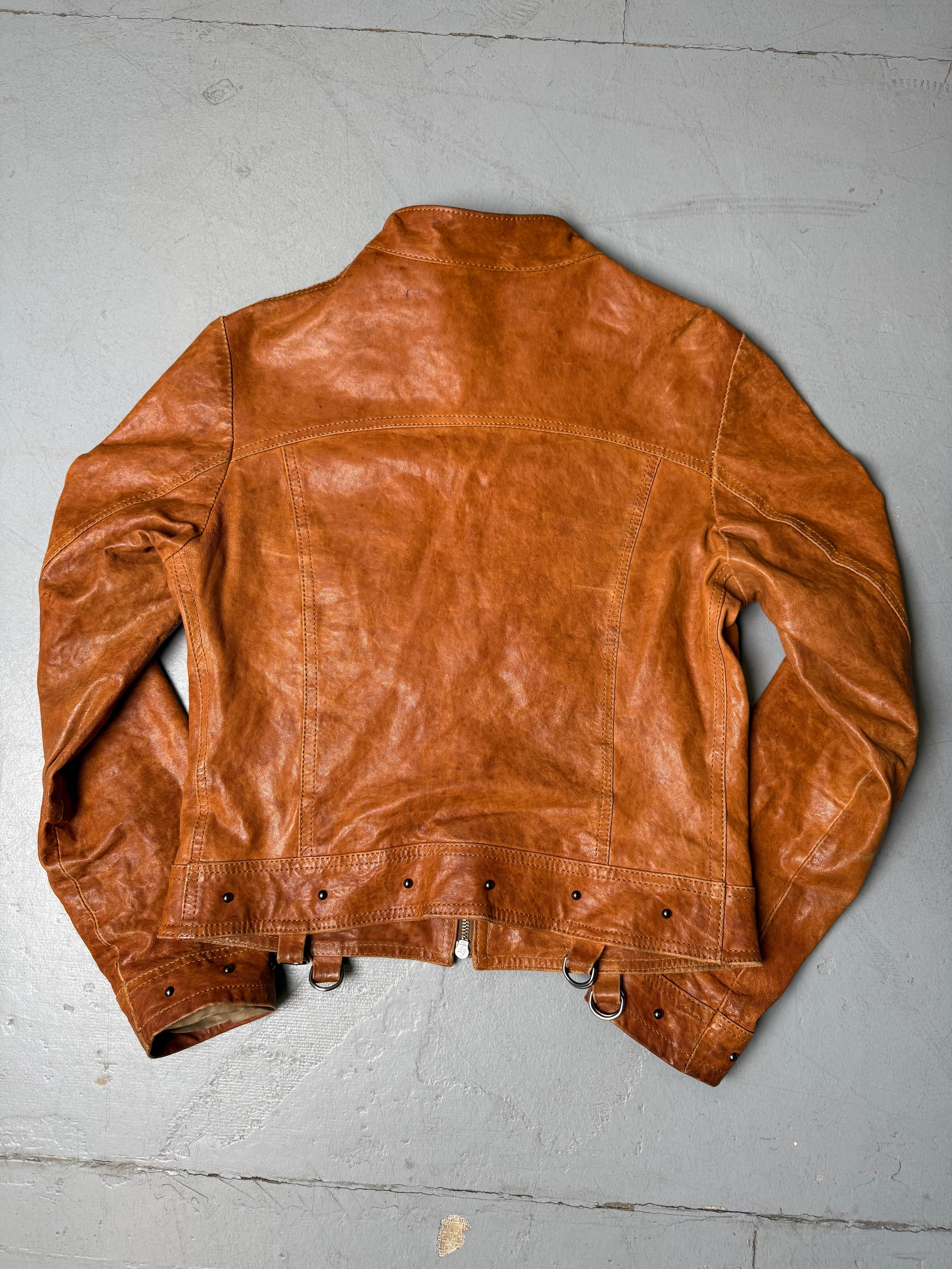 Vintage Blu Gaya Brown Leather Jacket Damen. Y2K Secondhand 2000s Fashion.