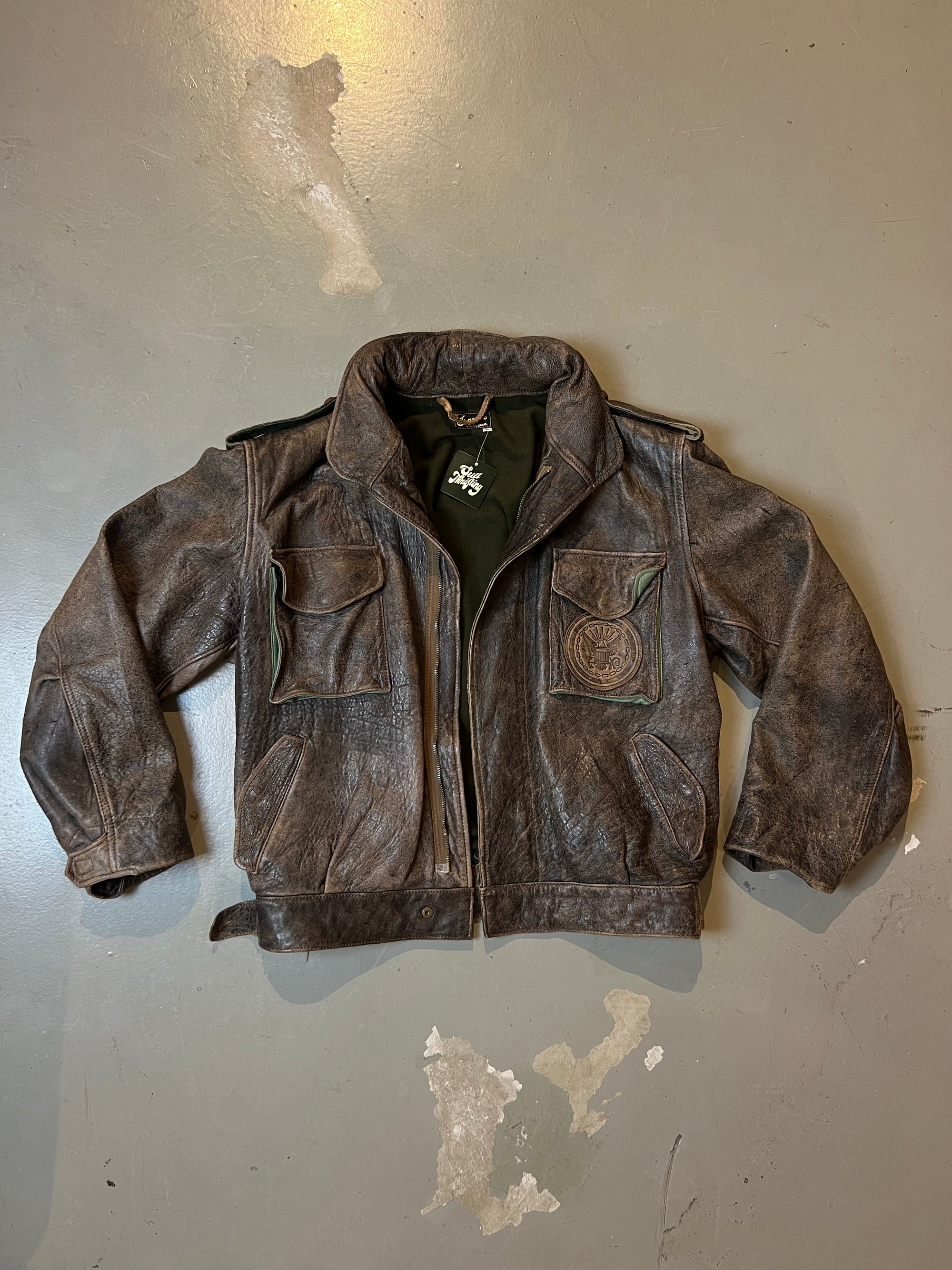 Vintage Brown Leather Jacket With Green Details L/XL