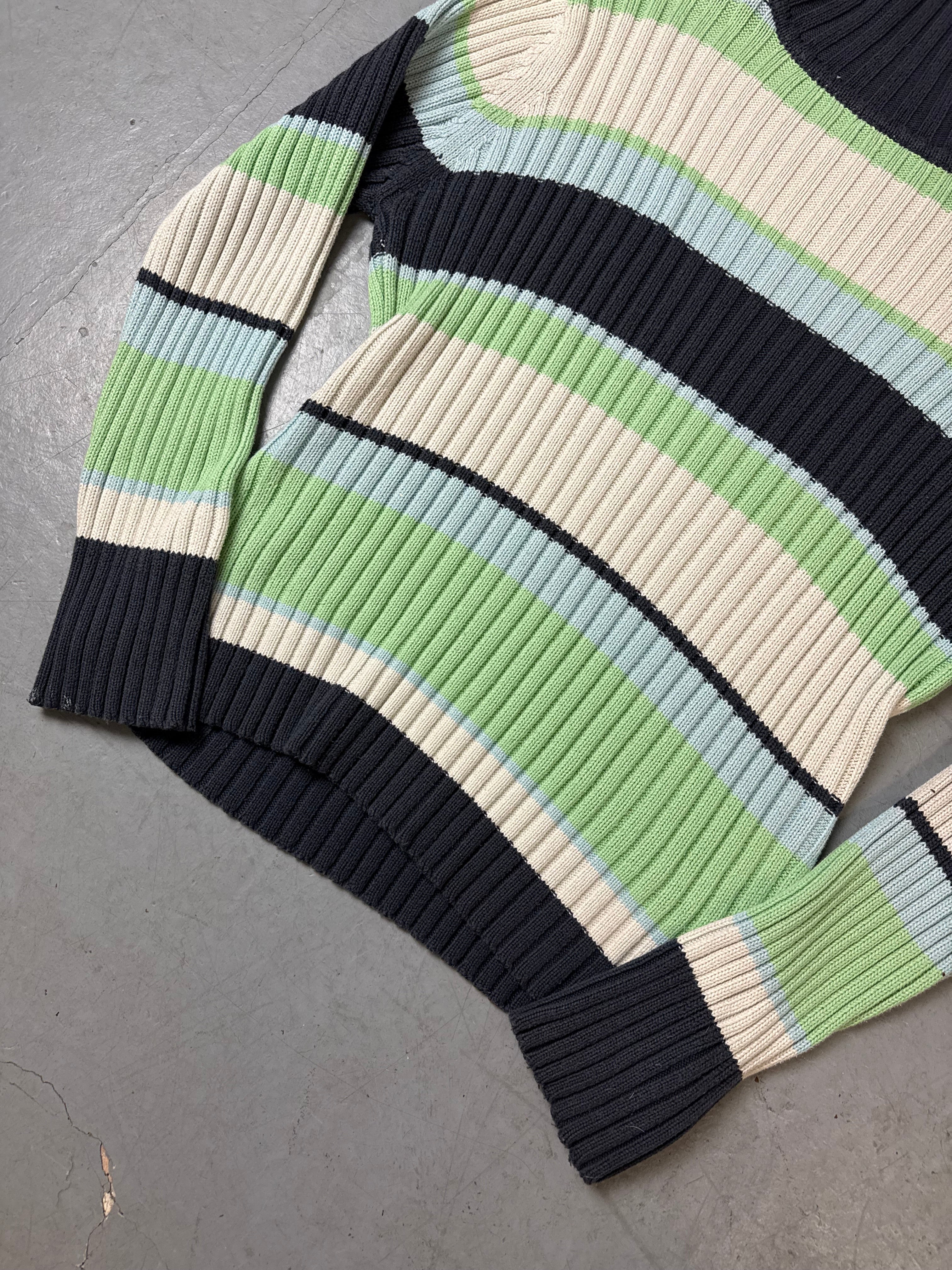 Vintage Blue and Green Striped Turtleneck Knit Sweater L