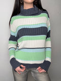 Vintage Blue and Green Striped Turtleneck Knit Sweater L