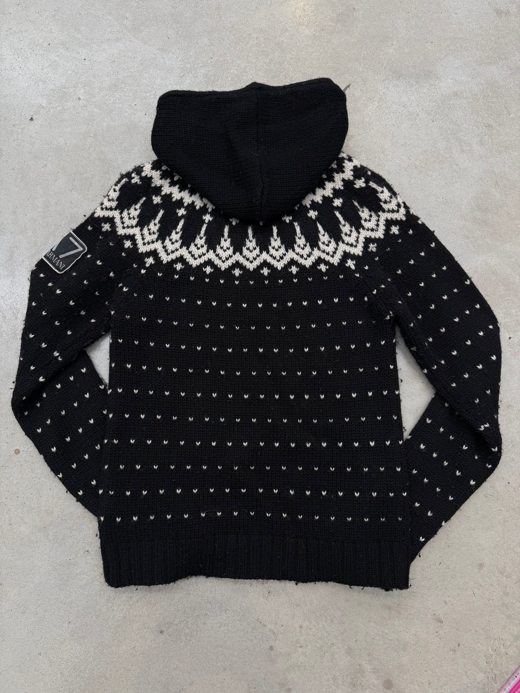Vintage Emporio Armani Black Hooded Wool Knit Sweater für Herren Y2K Second Hand Fashion