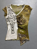 Vintage Patchwork Print Mesh Top whit nice prints, for girl’s. Y2K Second Hand 2000s Fashion 