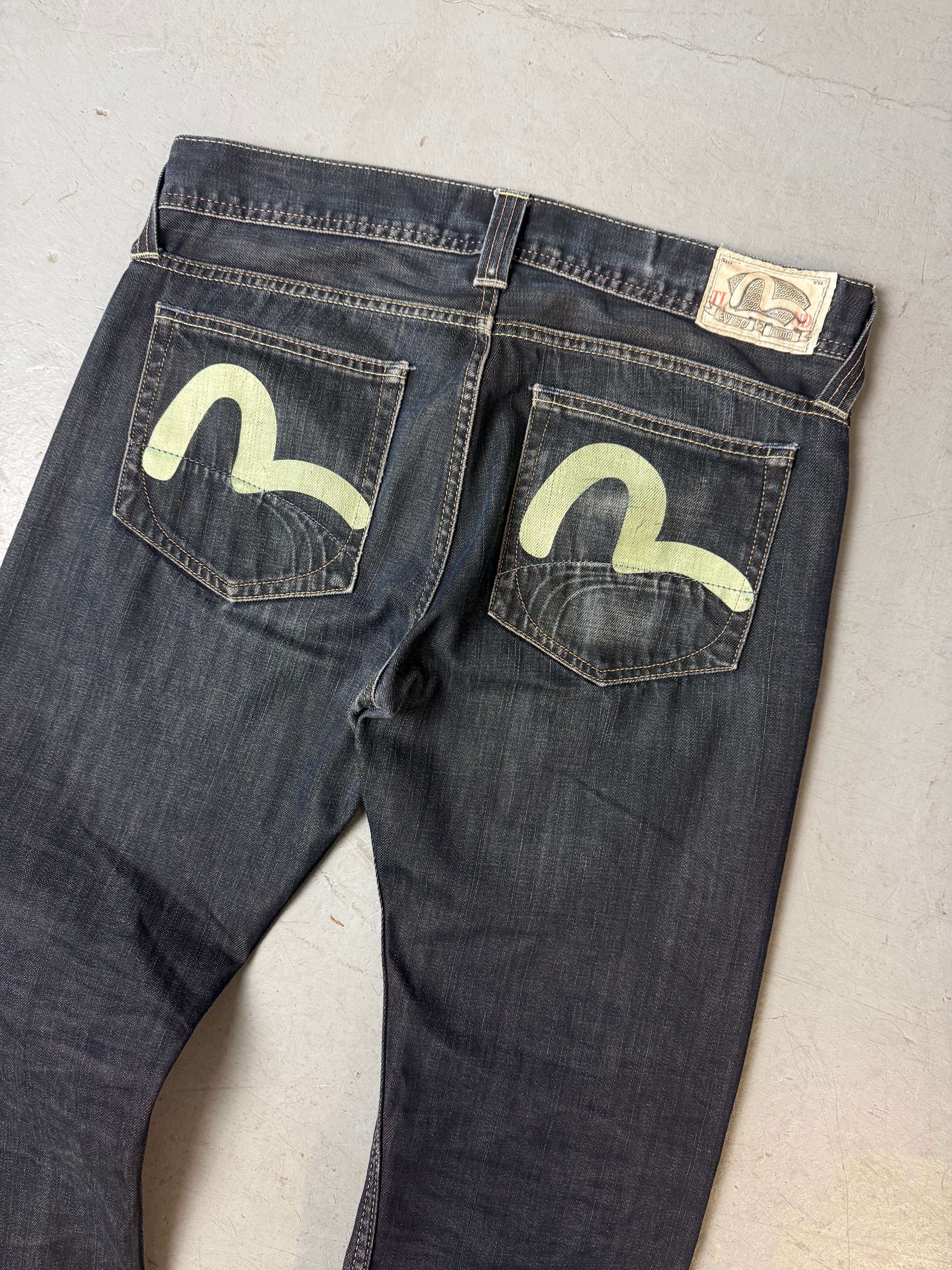 Vintage Evisu x Puma Dark Grey Baggy Denim für Herren. Y2K Second Hand 2000s Fashion