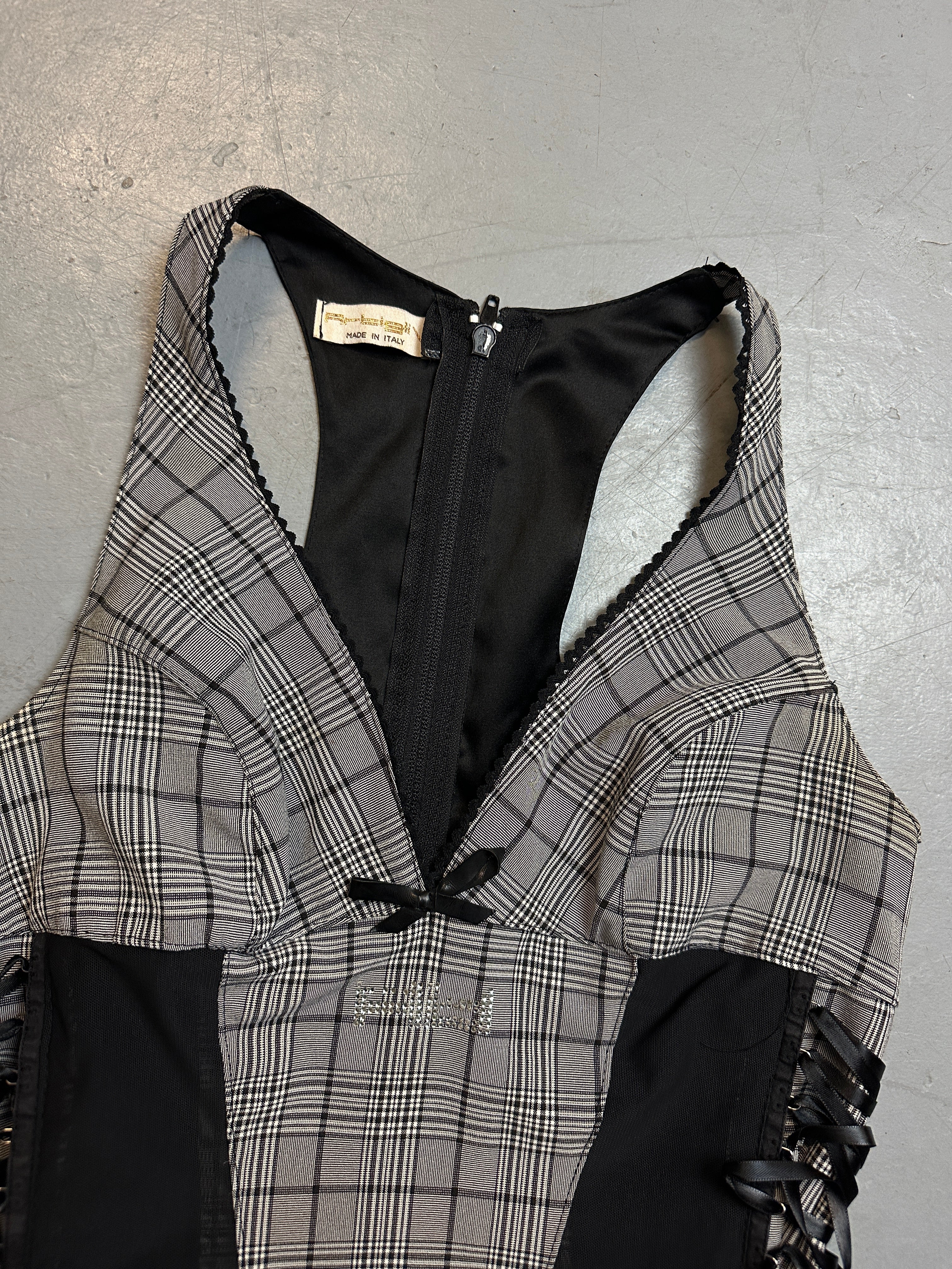 Vintage Artigli Plaid Lace Up Top mit kleiner Schleife für Frauen. Y2K Second Hand 2000s Fashion