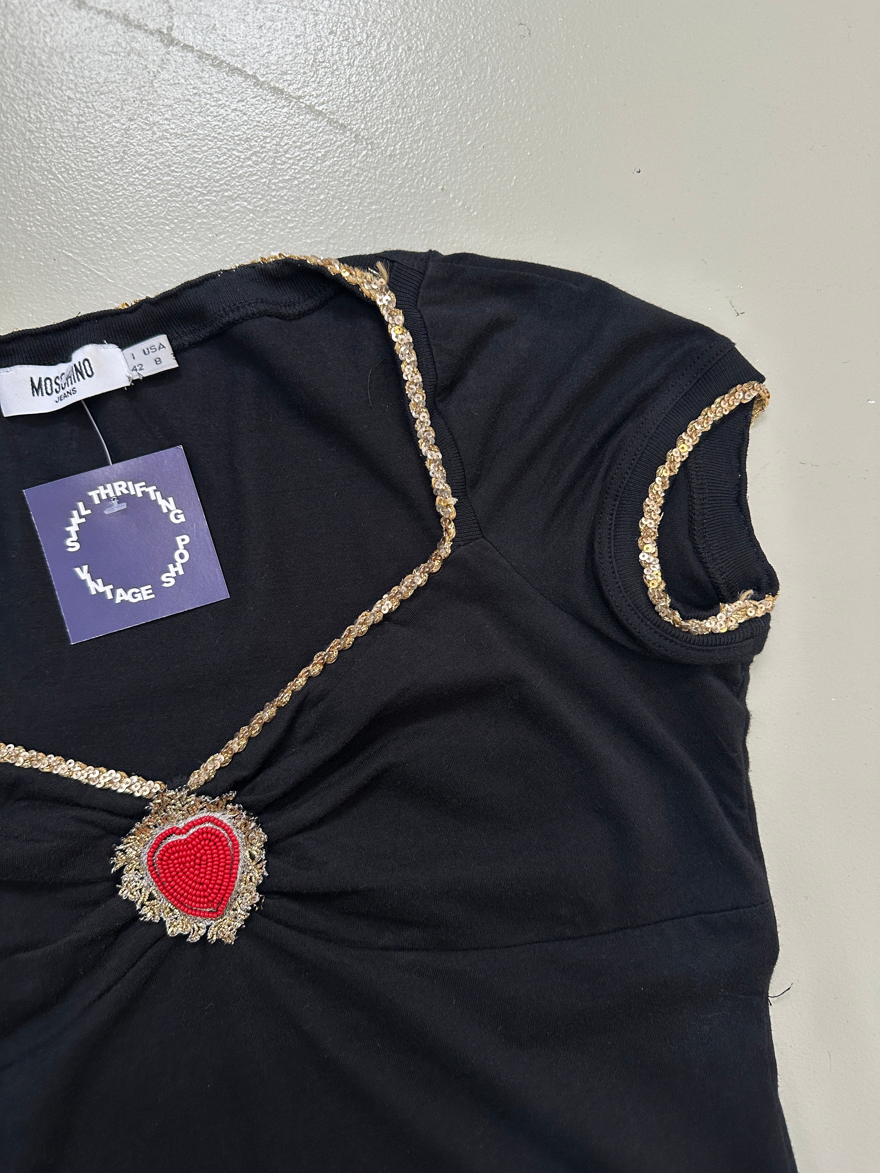 Vintage Moschino Black Top with Gold Rim für Frauen. Y2K Second Hand 2000s Fashion