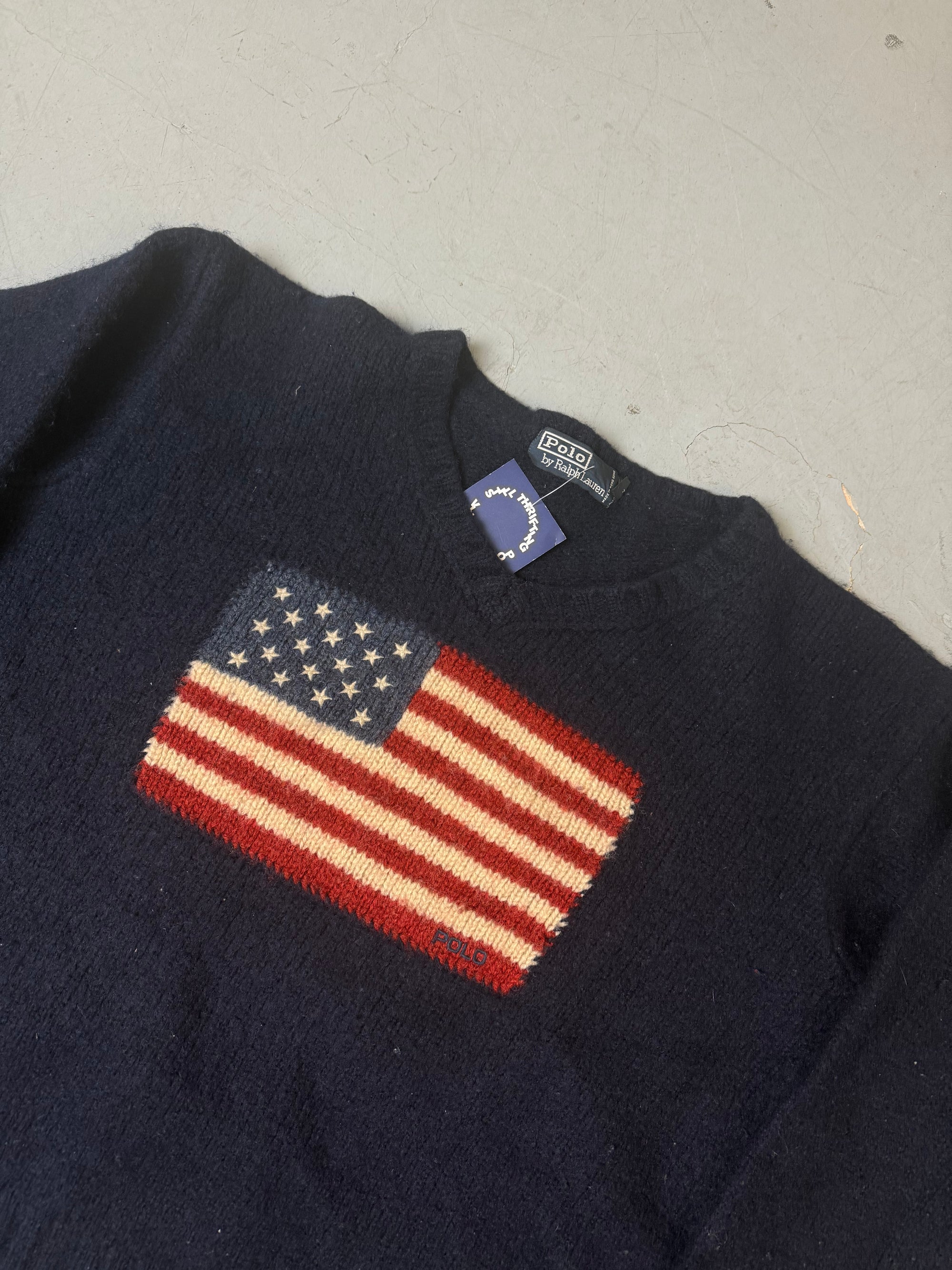 Vintage Polo Ralph Lauren USA Flag Dark Blue Knit Sweater M