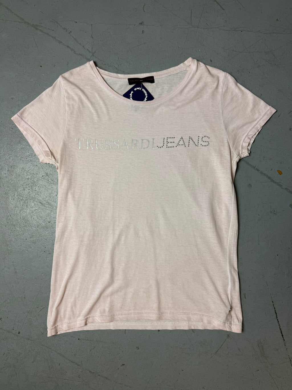 Vintage Trussardi Jeans Light Pink T-Shirt Whit nice glitter stones for girls. Y2K Second Hand 2000s Fashion 