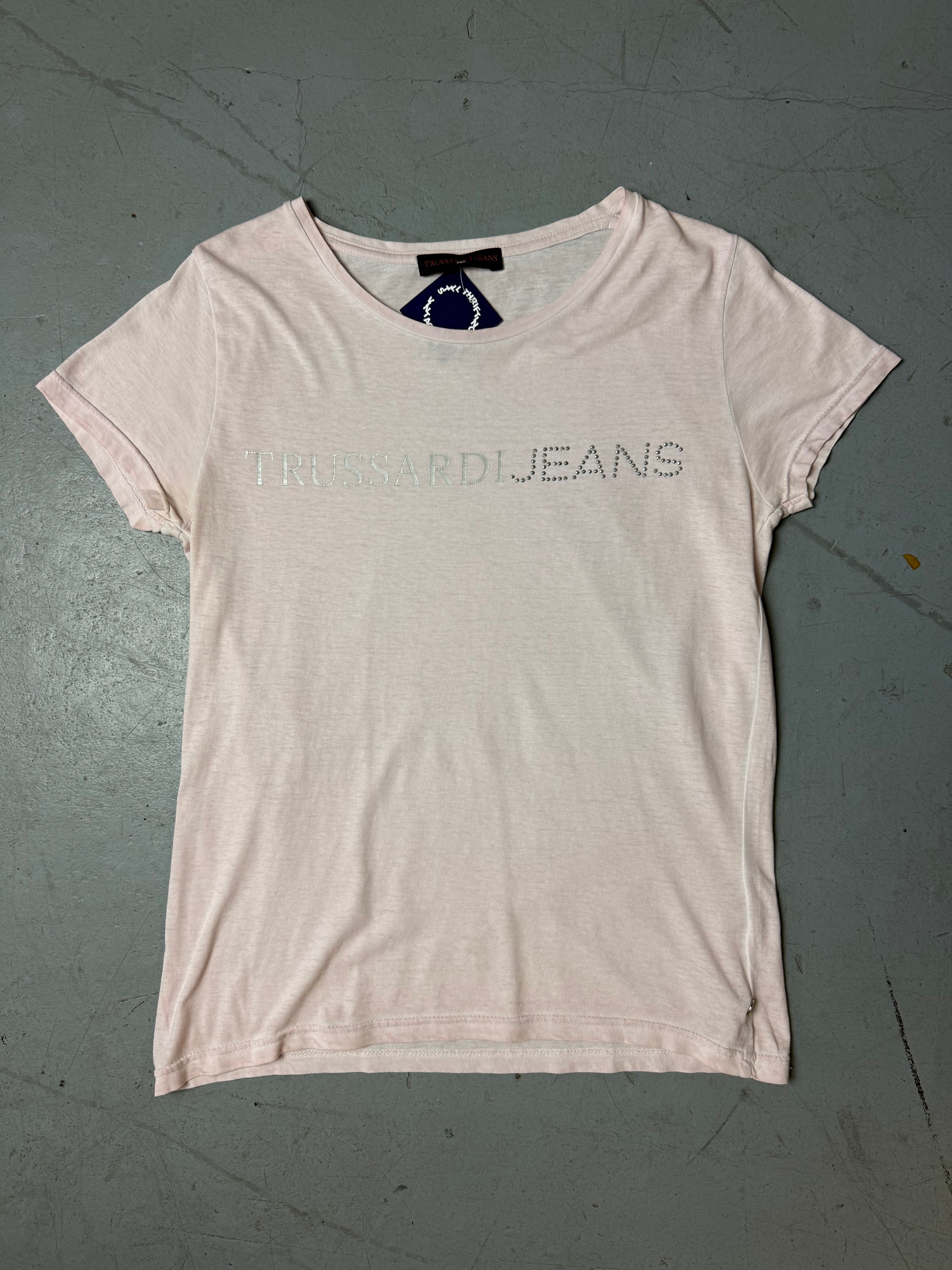 Vintage Trussardi Jeans Light Pink T-Shirt Whit nice glitter stones for girls. Y2K Second Hand 2000s Fashion 