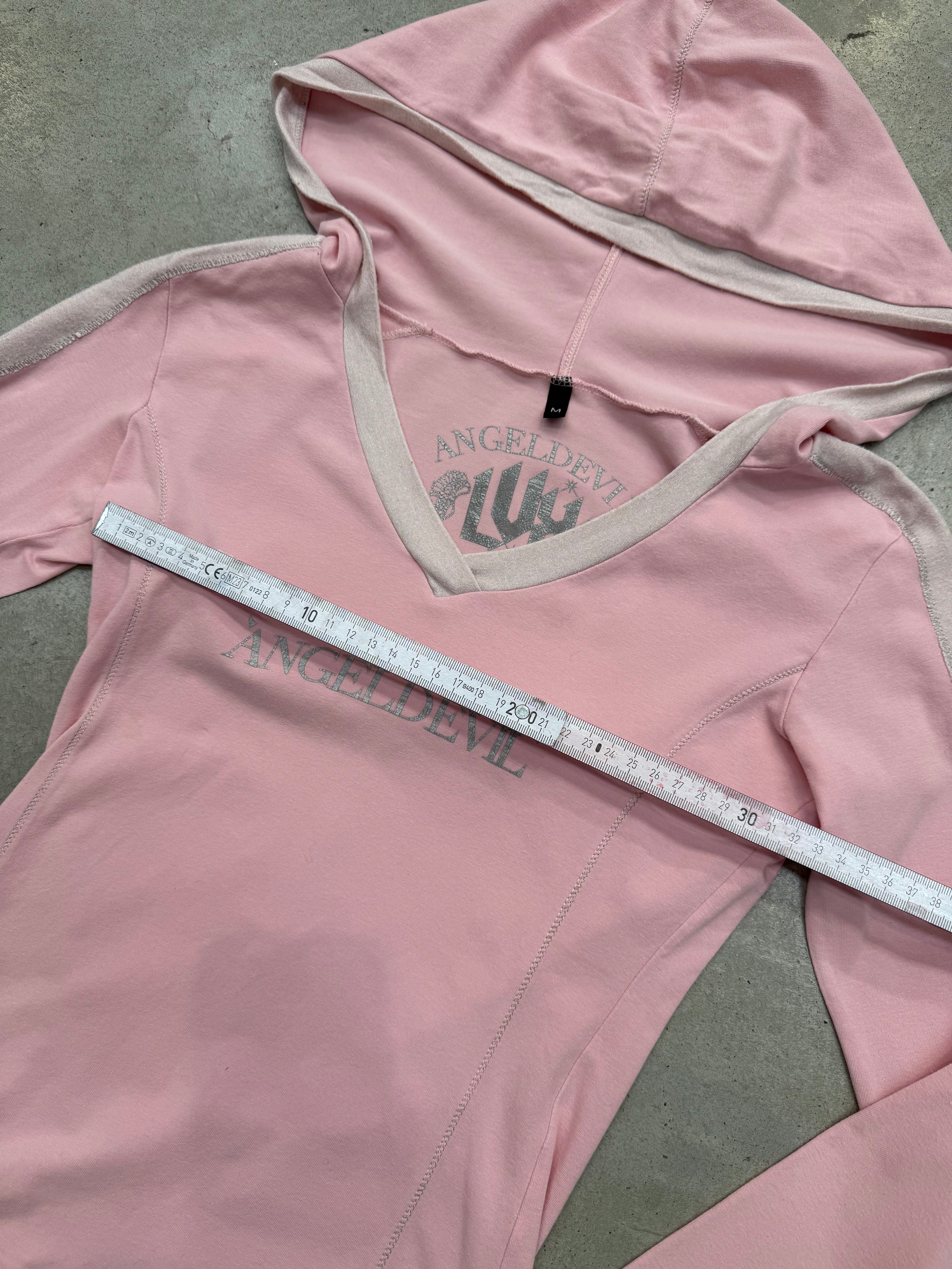 Vintage AngelDevil Pink and White Hooded Longsleeve für Herren Y2K Second Hand Fashion