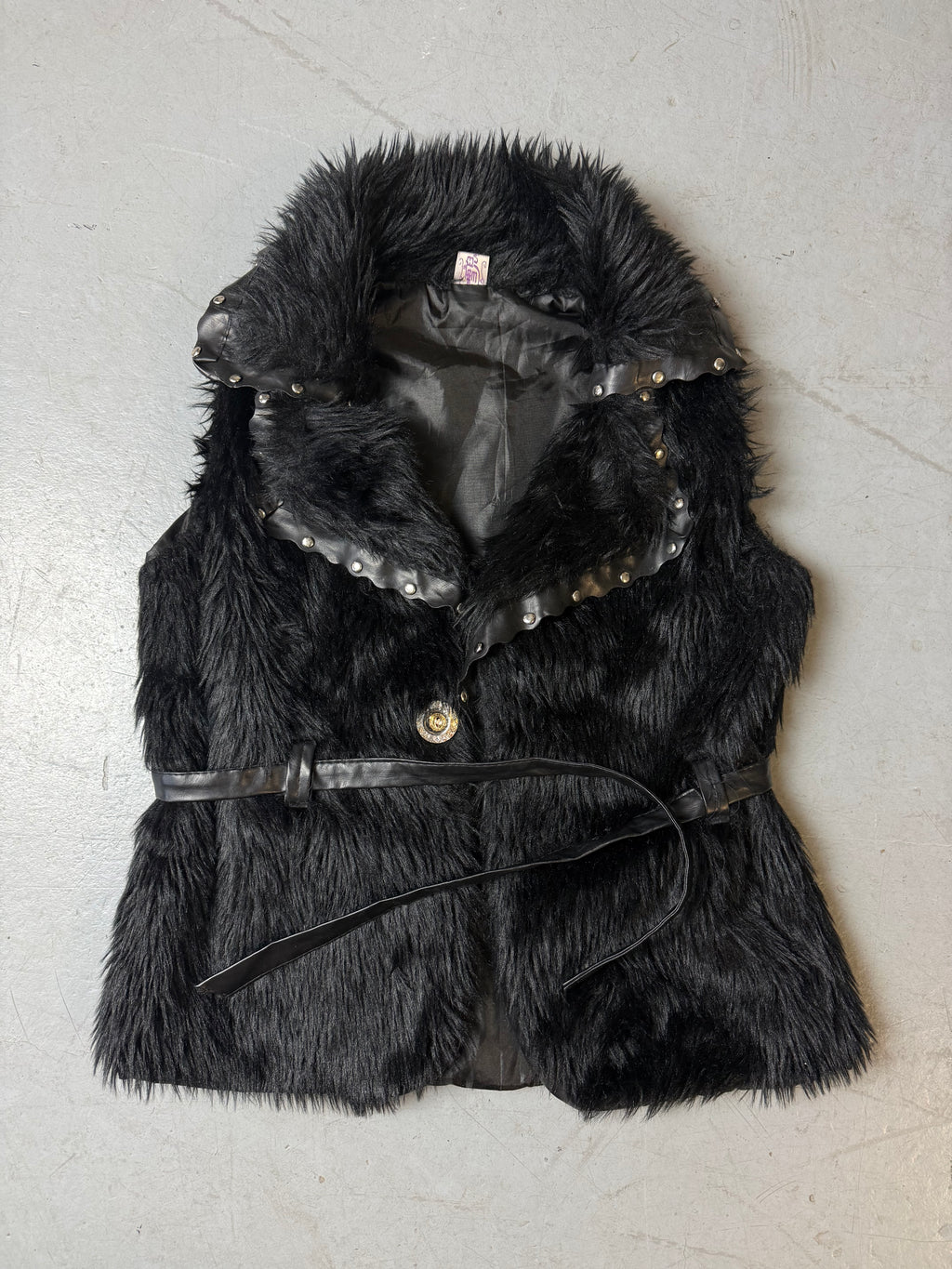 Vintage Black Faux Fur Vest with Belt S/M