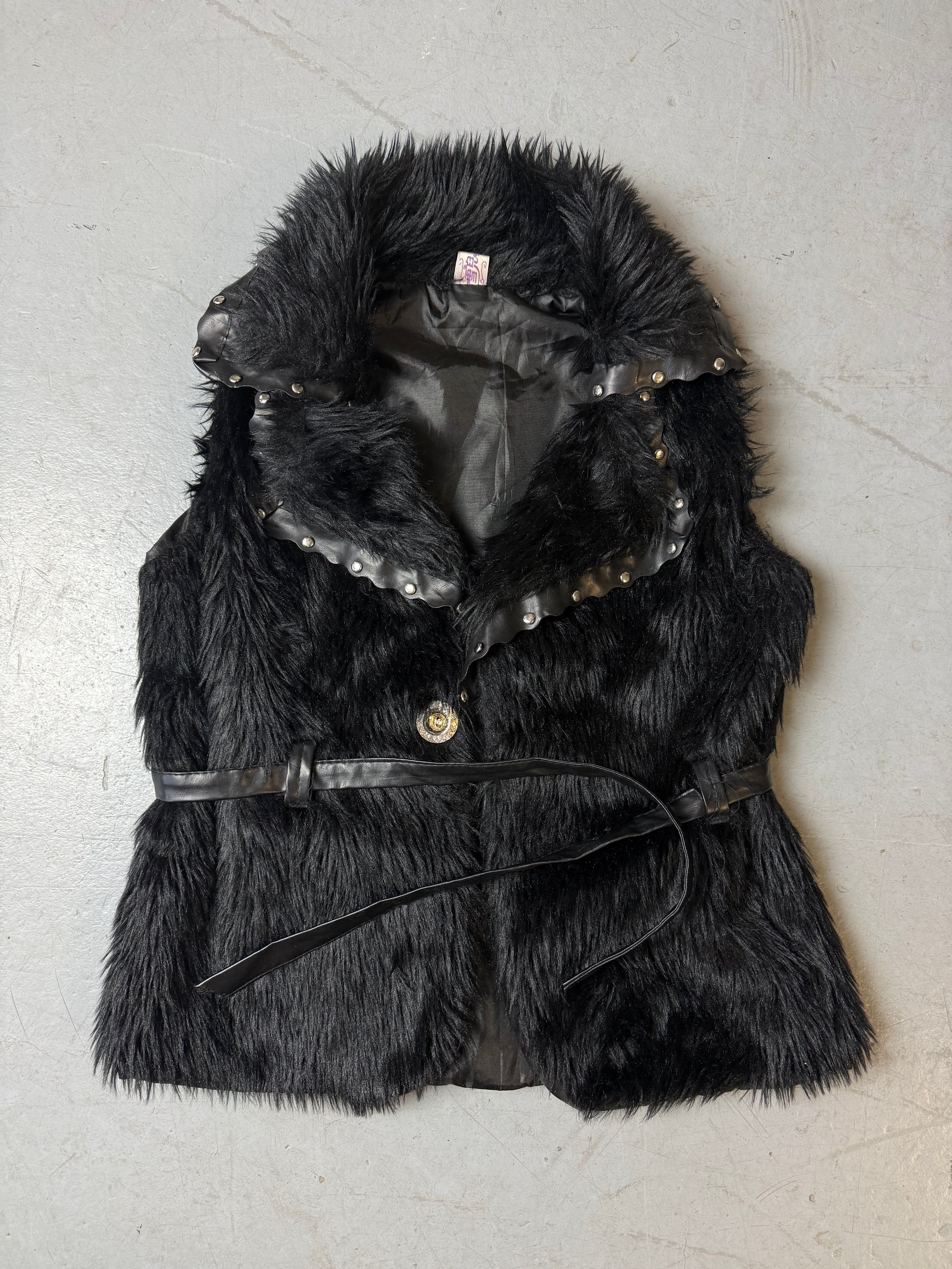 Vintage Black Faux Fur Vest with Belt S/M