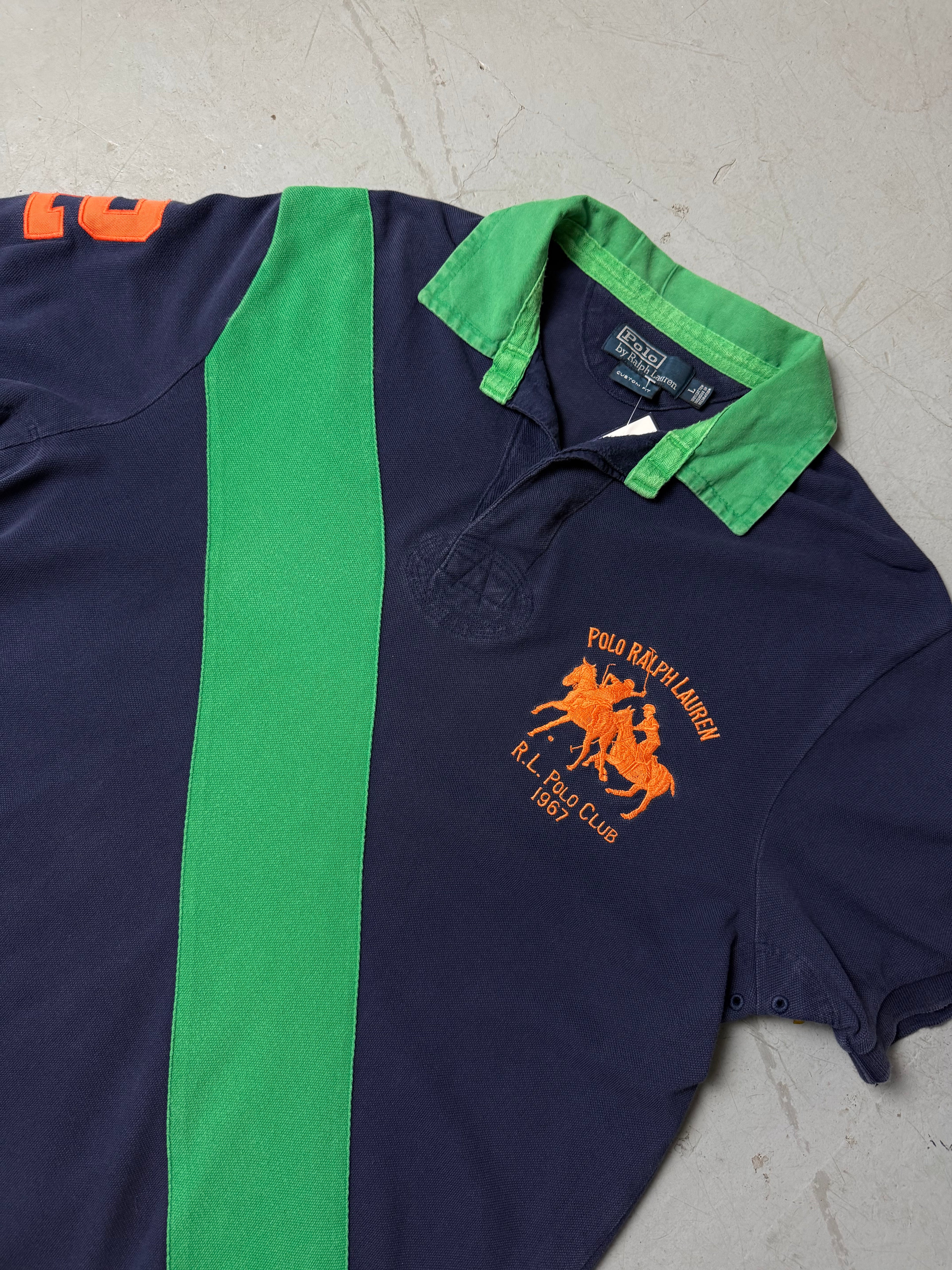 Vintage Polo Ralph Lauren Blue and Green Polo Shirt whit a big horse stitch for boys. Y2K Second Hand 2000s Fashion 