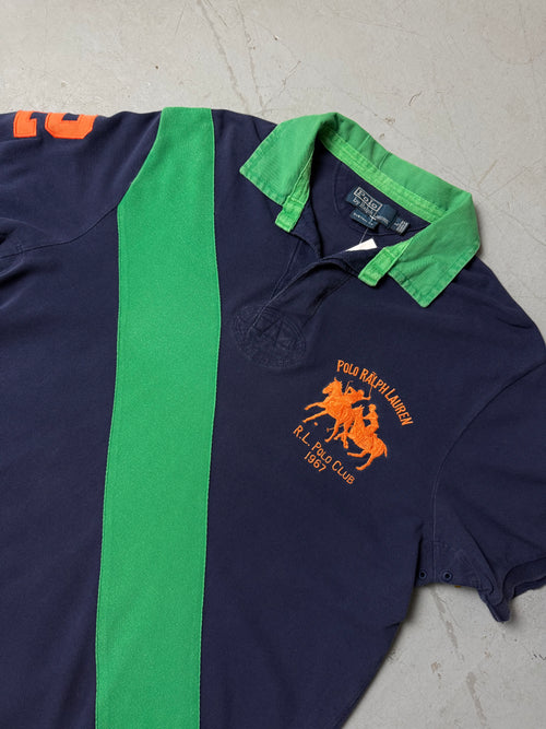 Vintage Polo Ralph Lauren Blue and Green Polo Shirt whit a big horse stitch for boys. Y2K Second Hand 2000s Fashion 