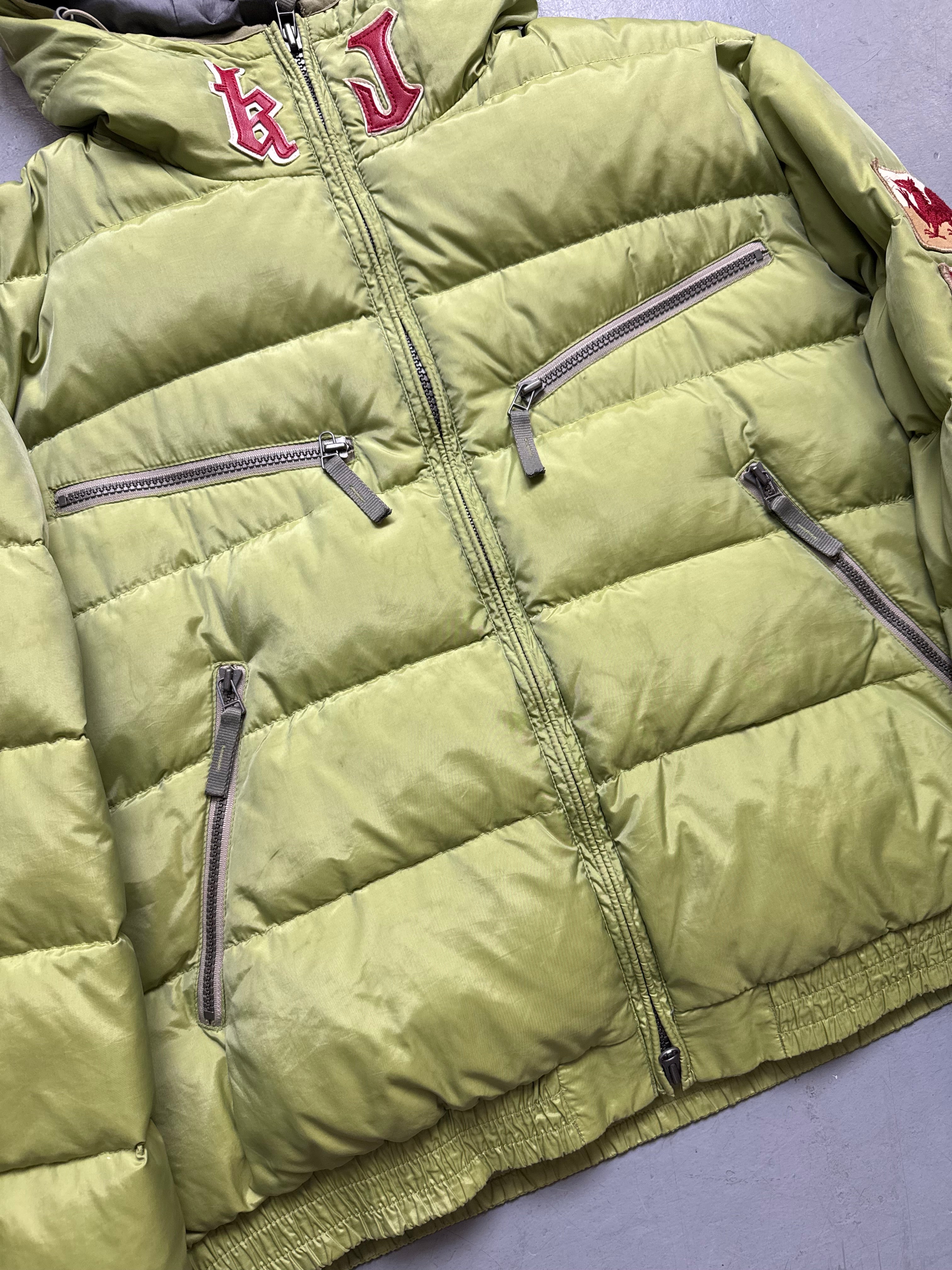 Vintage Kejo Green Patched Puffer Jacket with red details for men’s. Y2K Second Hand 2000s Fashion 