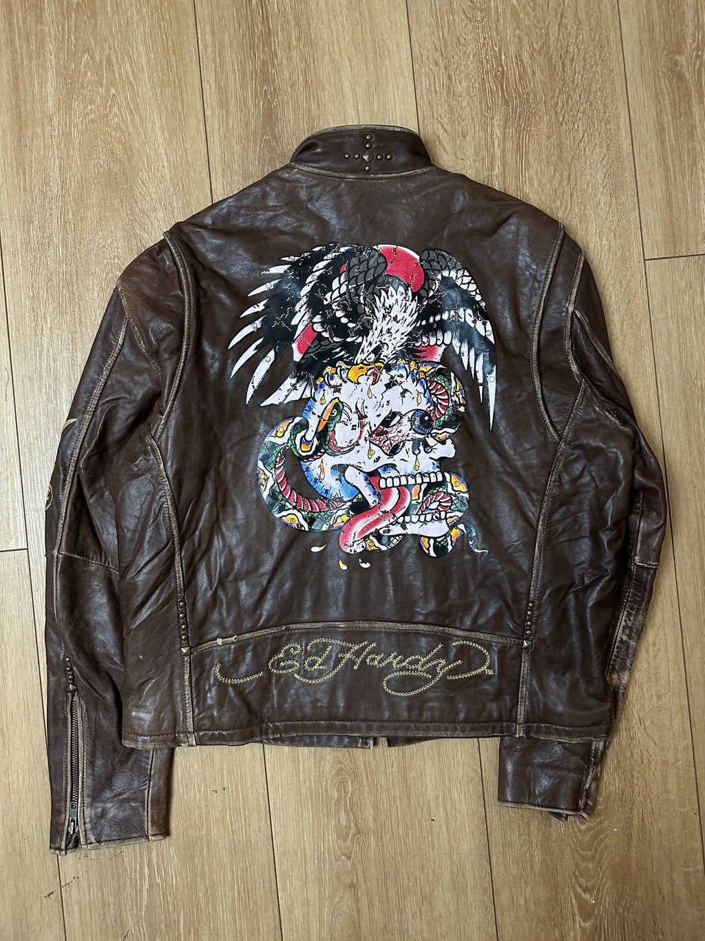 Produktbild Vintage Ed Hardy Brown Leather Jacket von hinten 