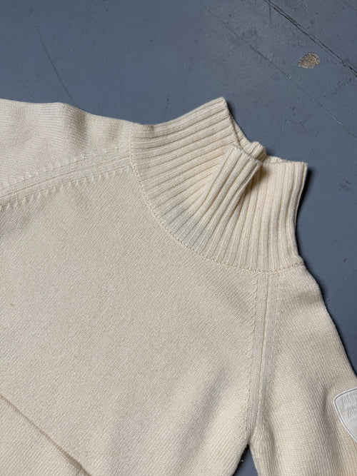 Vintage Lamborghini Cream Turtleneck Knit Sweater für Damen. Y2K Secondhand 2000s Fashion.