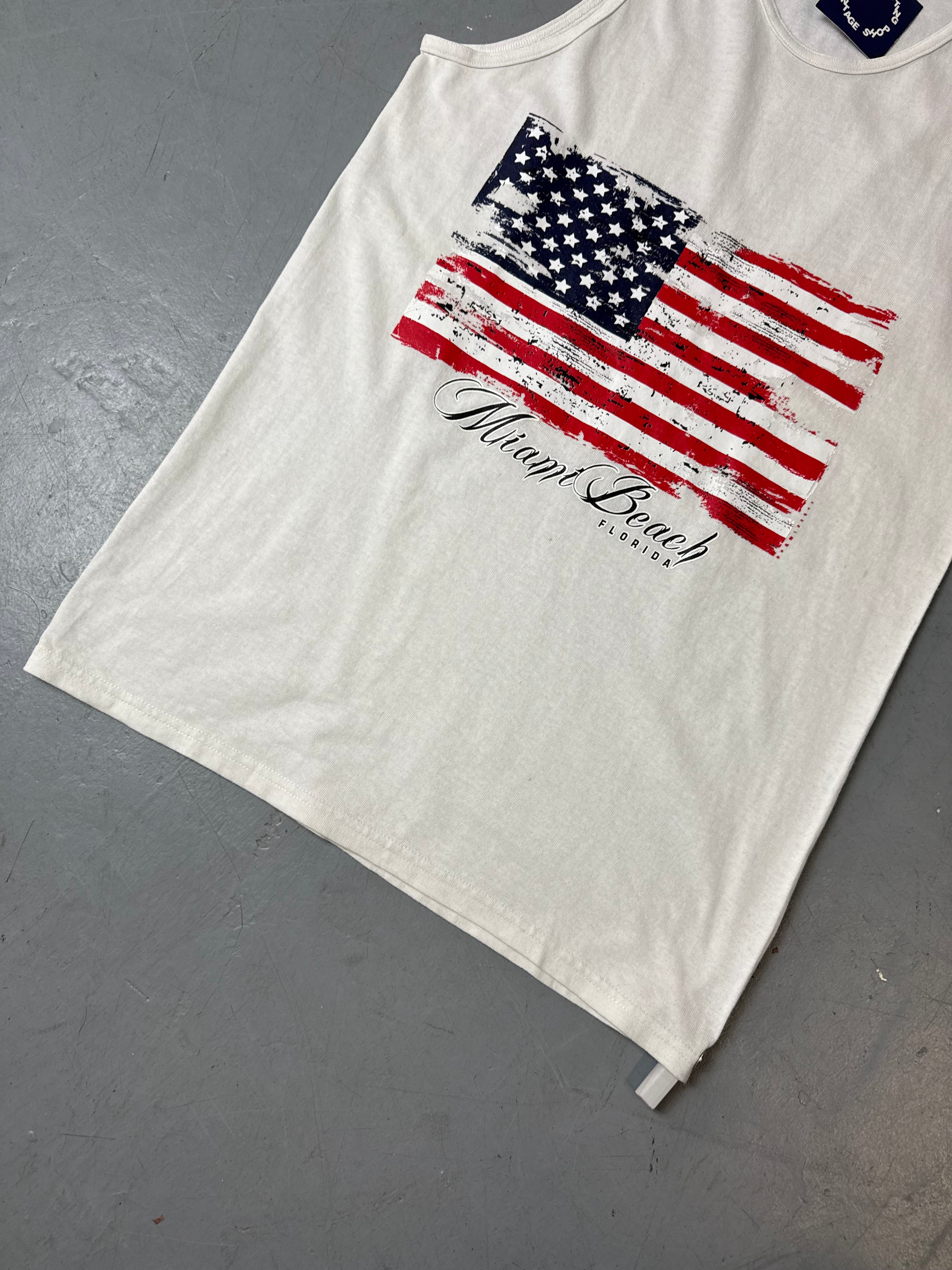 Detailliertes Produktbild von Vintage Miami Beach Printed White Tank Top M/L von vorne