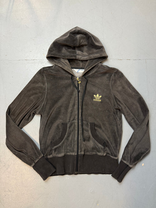 Vintage Adidas Brown Velour Hooded Track Jacket für Damen. Y2K Second Hand 2000s Fashion