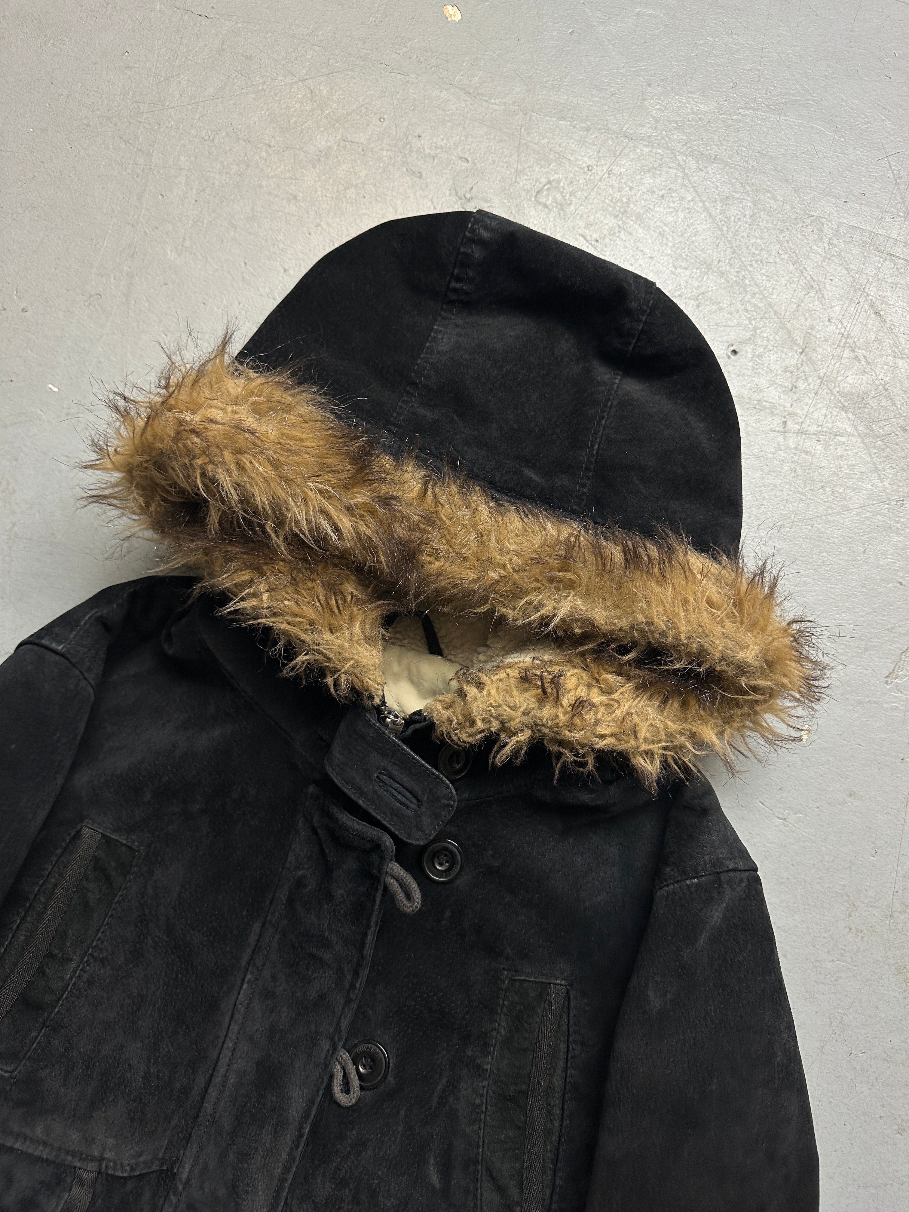 Vintage Mustang Black Fur Hooded Leather Jacket for women. Y2K Second Hand 2000s Fashion 