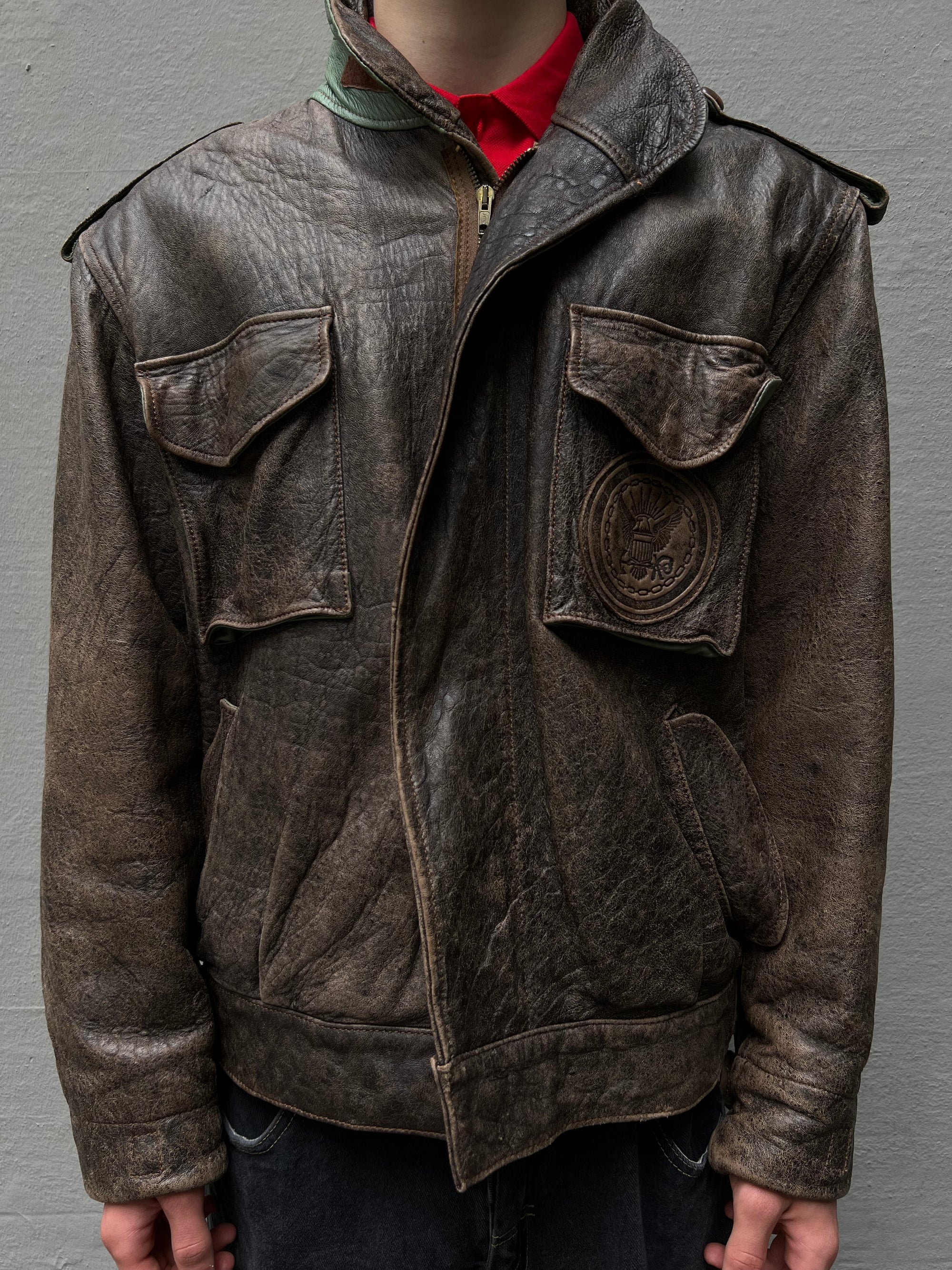 Vintage Brown Leather Jacket With Green Details L/XL
