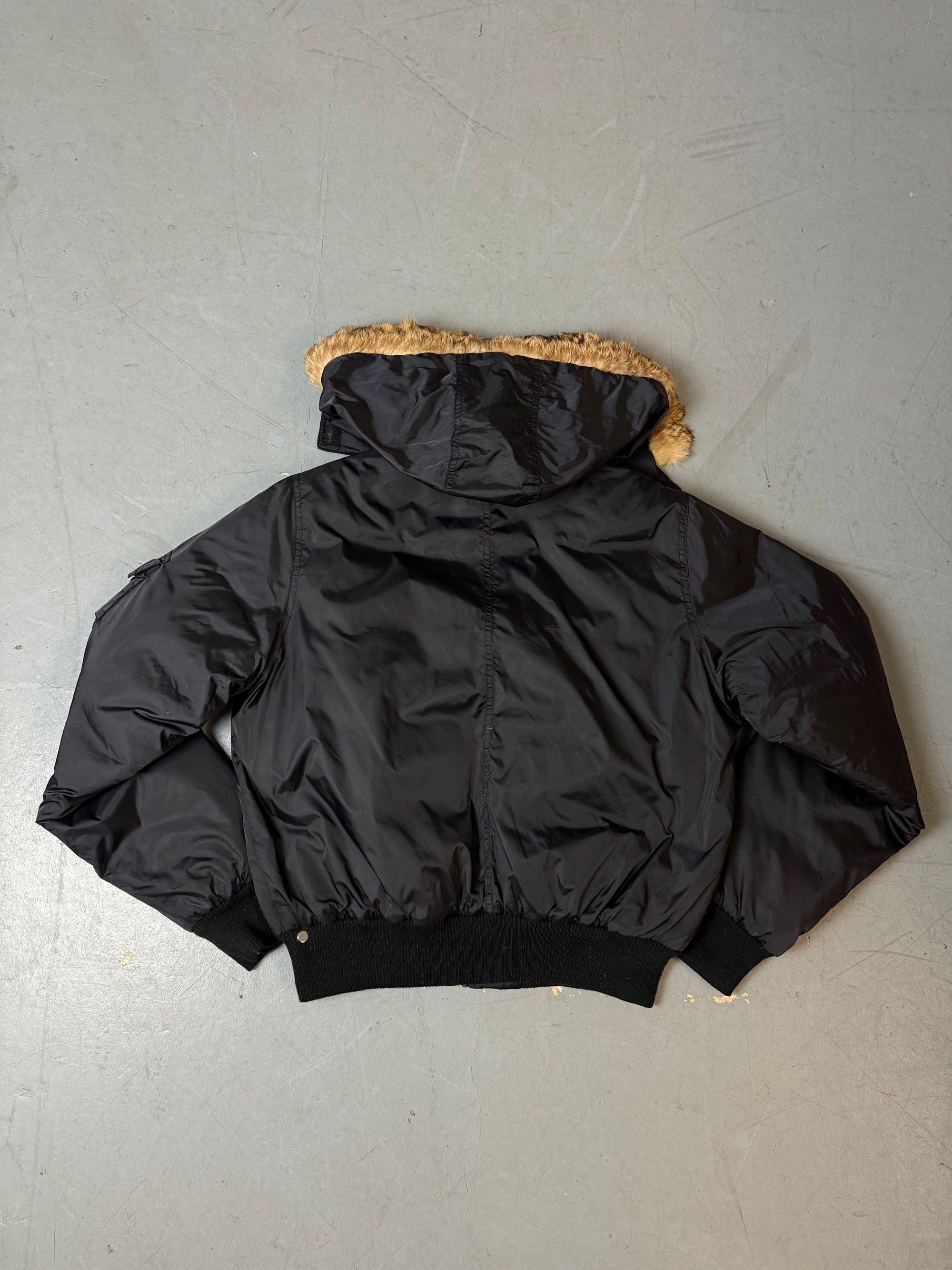 Vintage Y2K Black Bomber Jacket with Fur Hood M/L