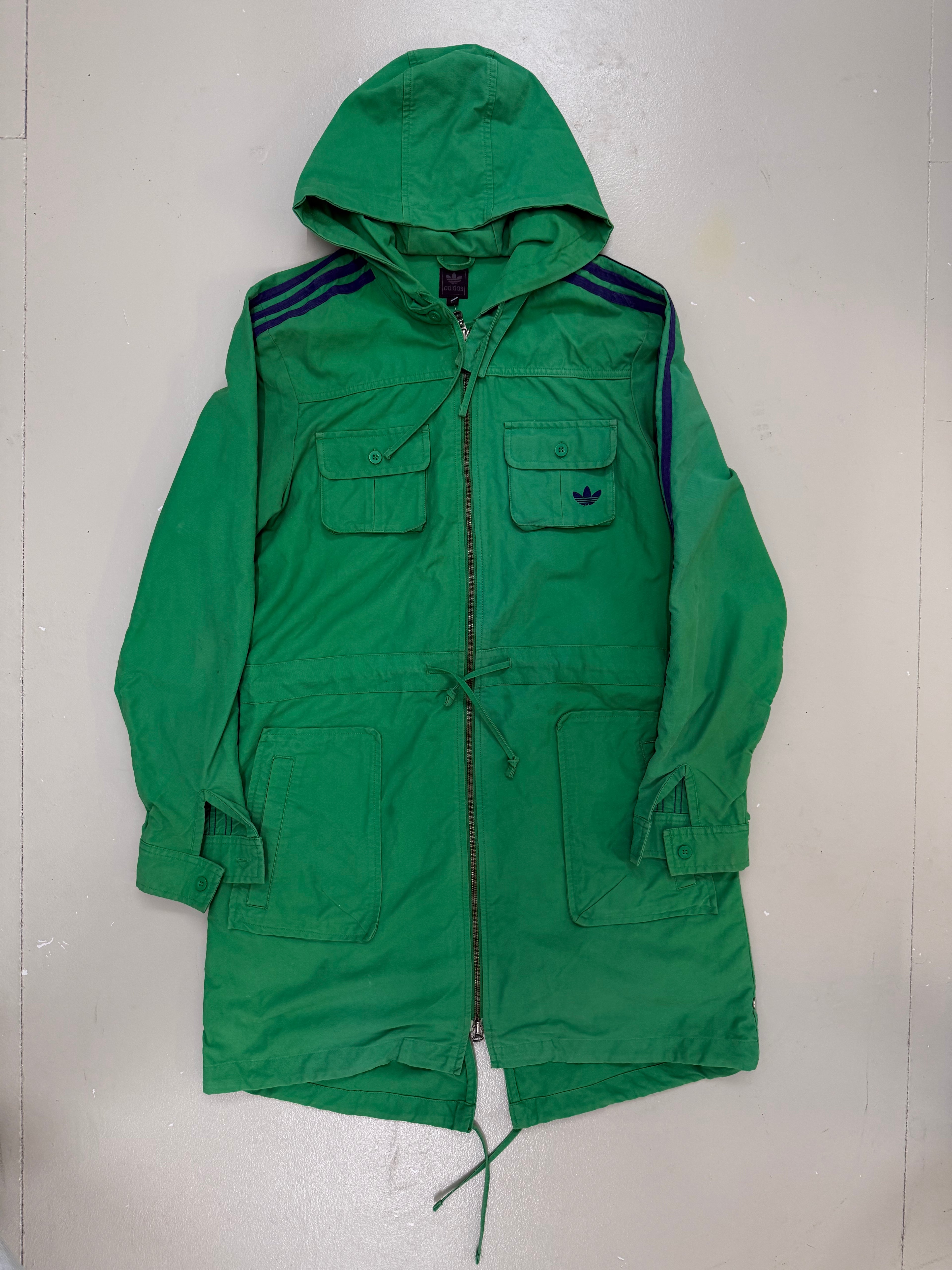 Vintage Adidas Green/Blue Hooded Coat für Frauen. Y2K second hand 2000s Fashion