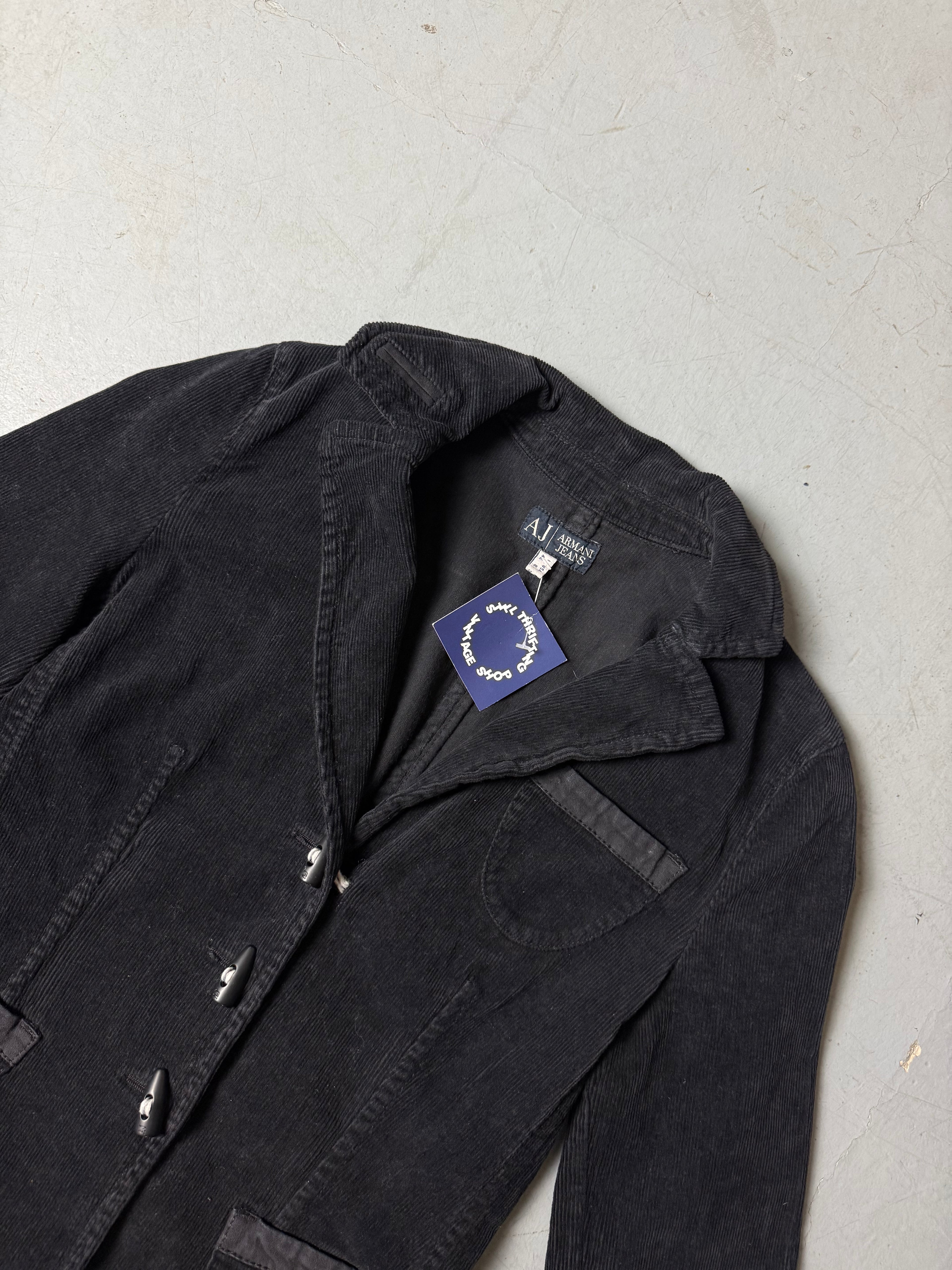 Detailliertes Produktbild von Vintage Armani Jeans Black Cord Jacket S von vorne 