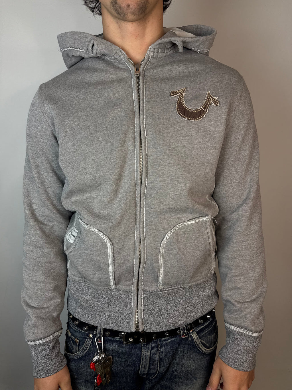 Vintage True Religion Grey Zip Up Hoodie M