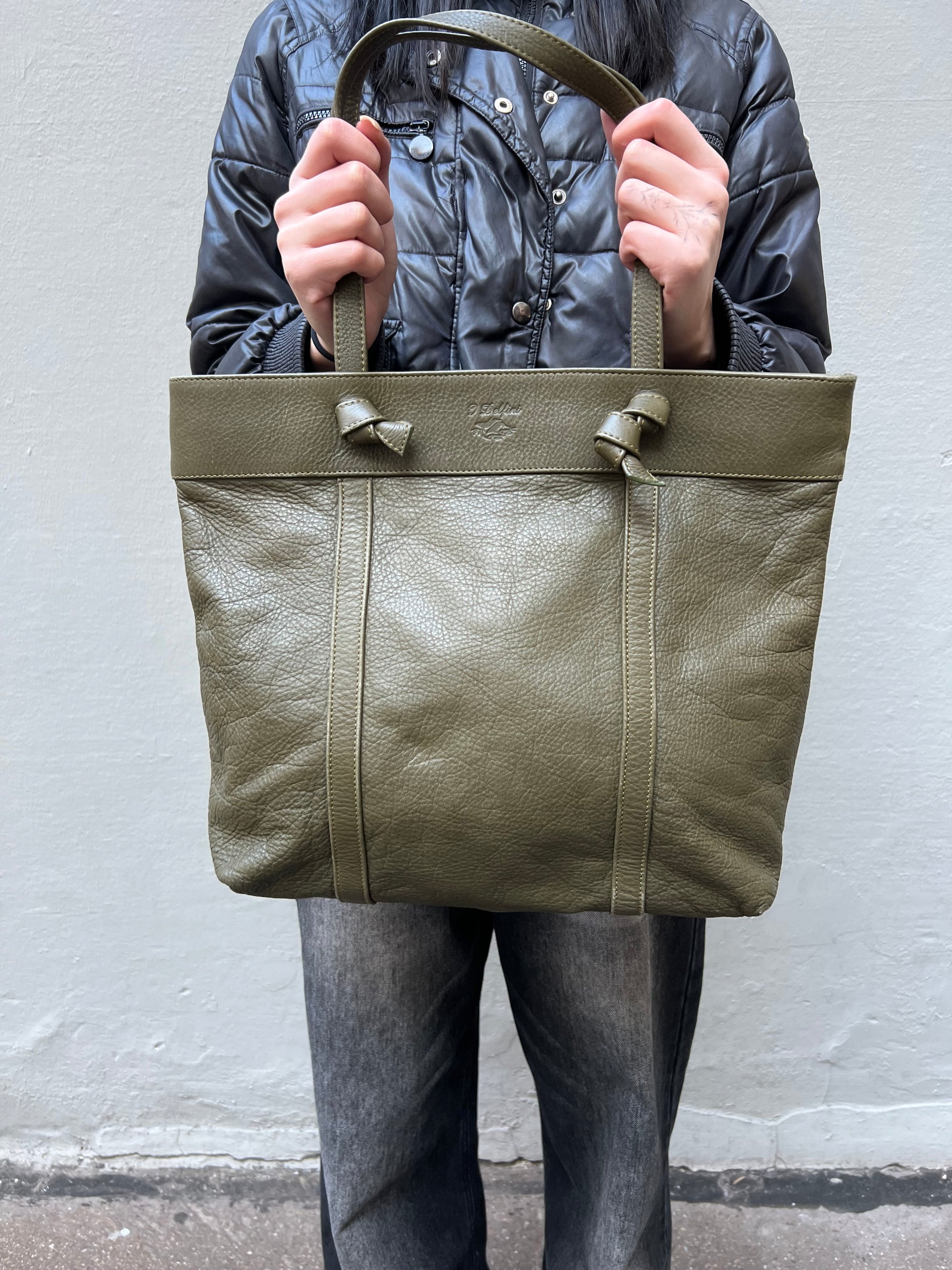 Vintage Green Leather Shopper Bag