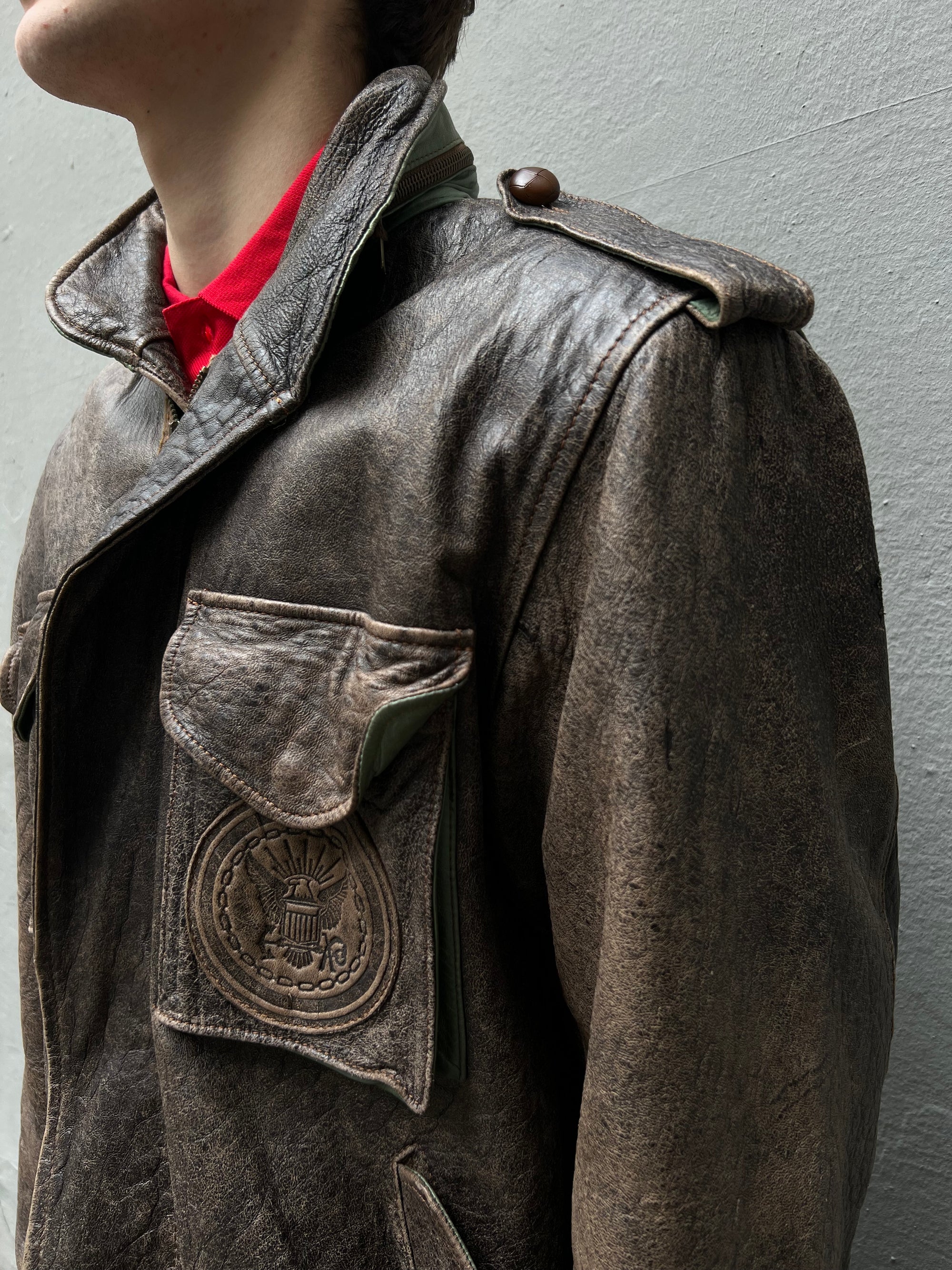 Vintage Brown Leather Jacket With Green Details L/XL