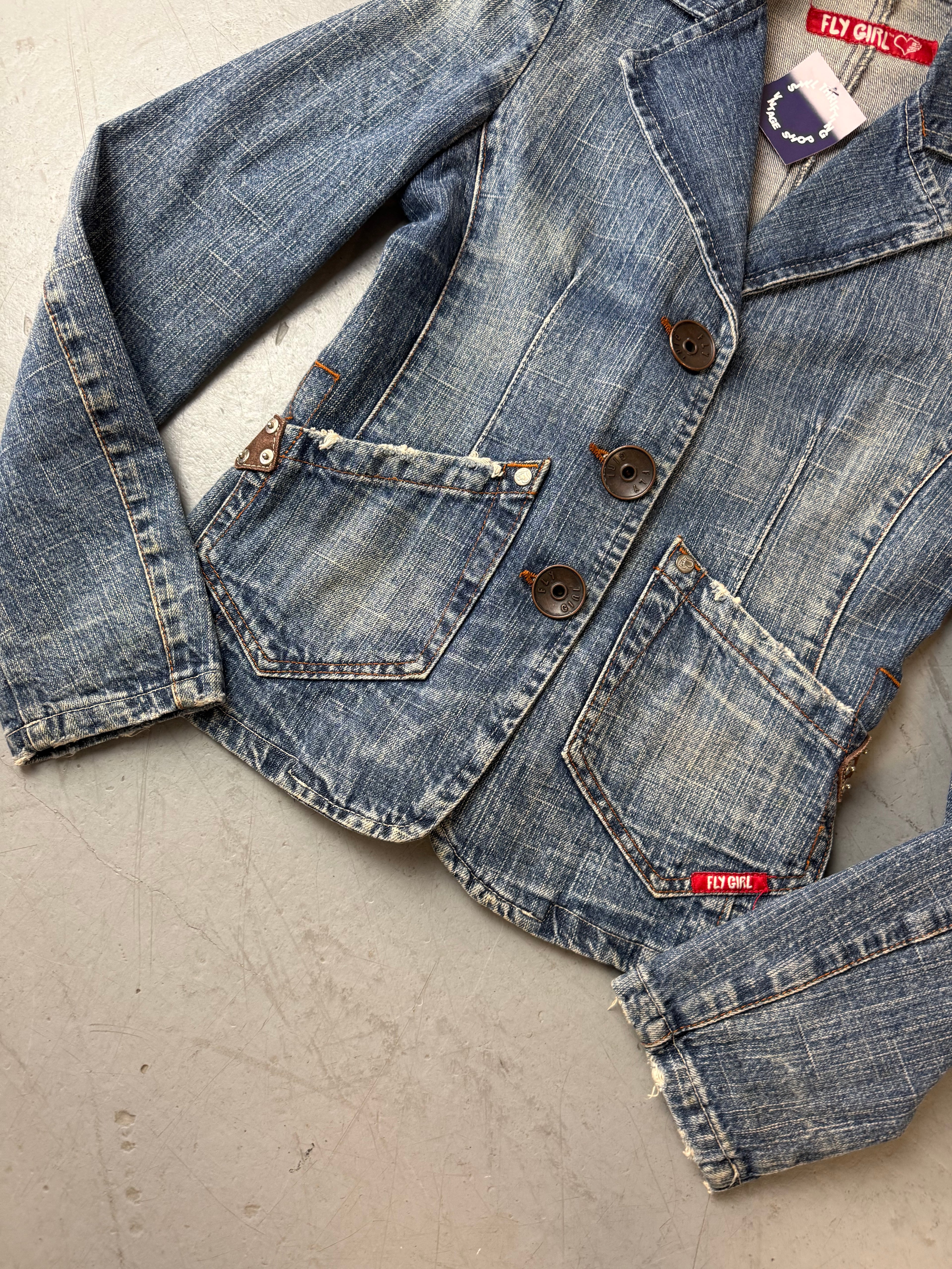 Vintage Fly Girl Denim Blazer Jacket für Damen . Y2K Second Hand 2000s Fashion