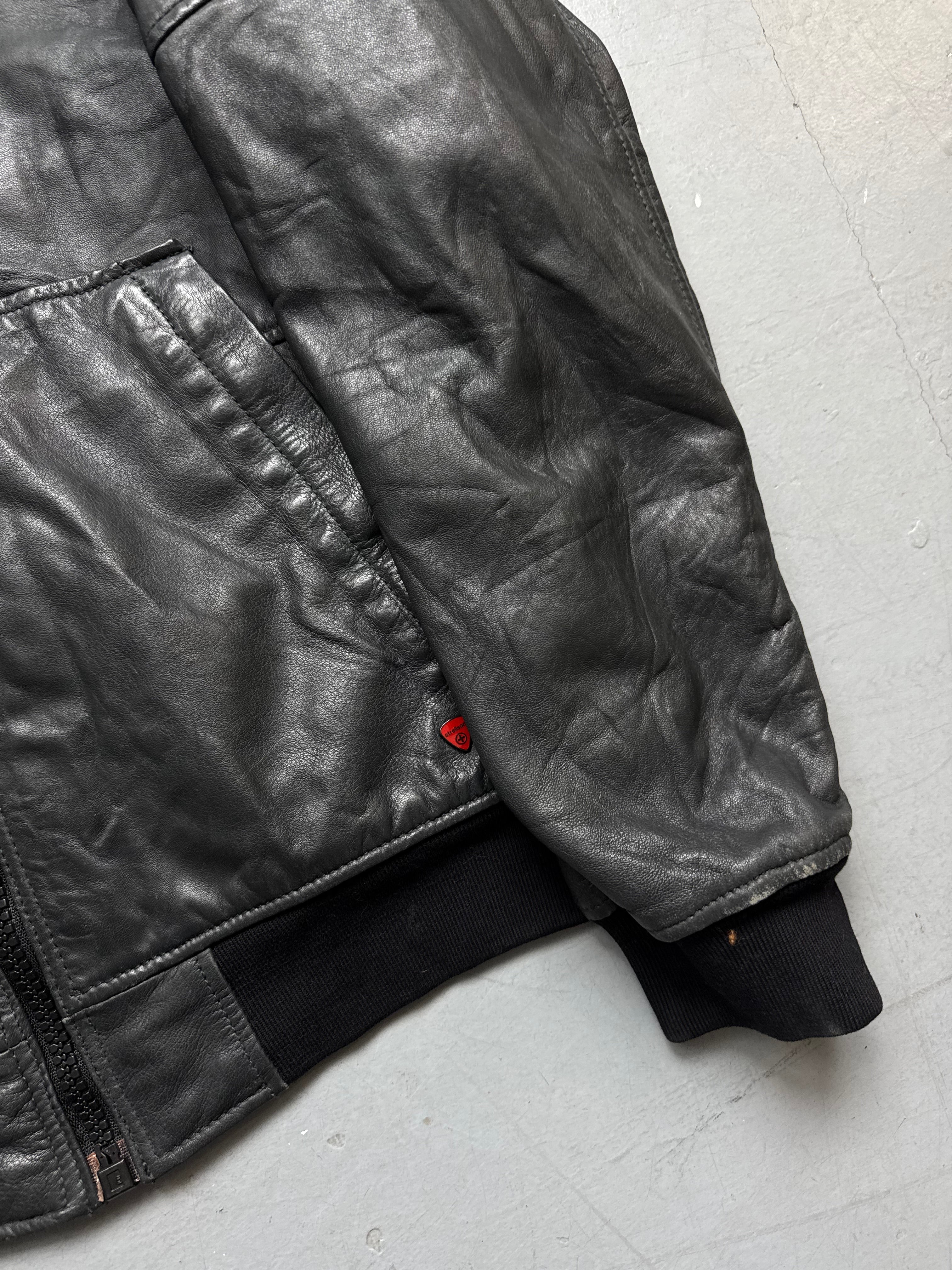 Vintage Black Strellson Hooded Leather Jacket für Herren. Y2K Second Hand 2000s Fashion