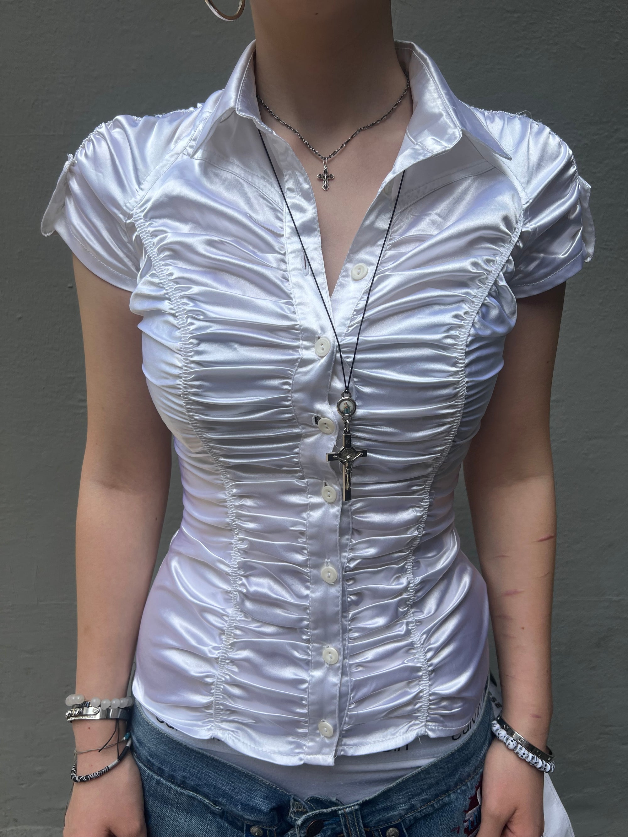 Vintage White Satin Ruffle Top S