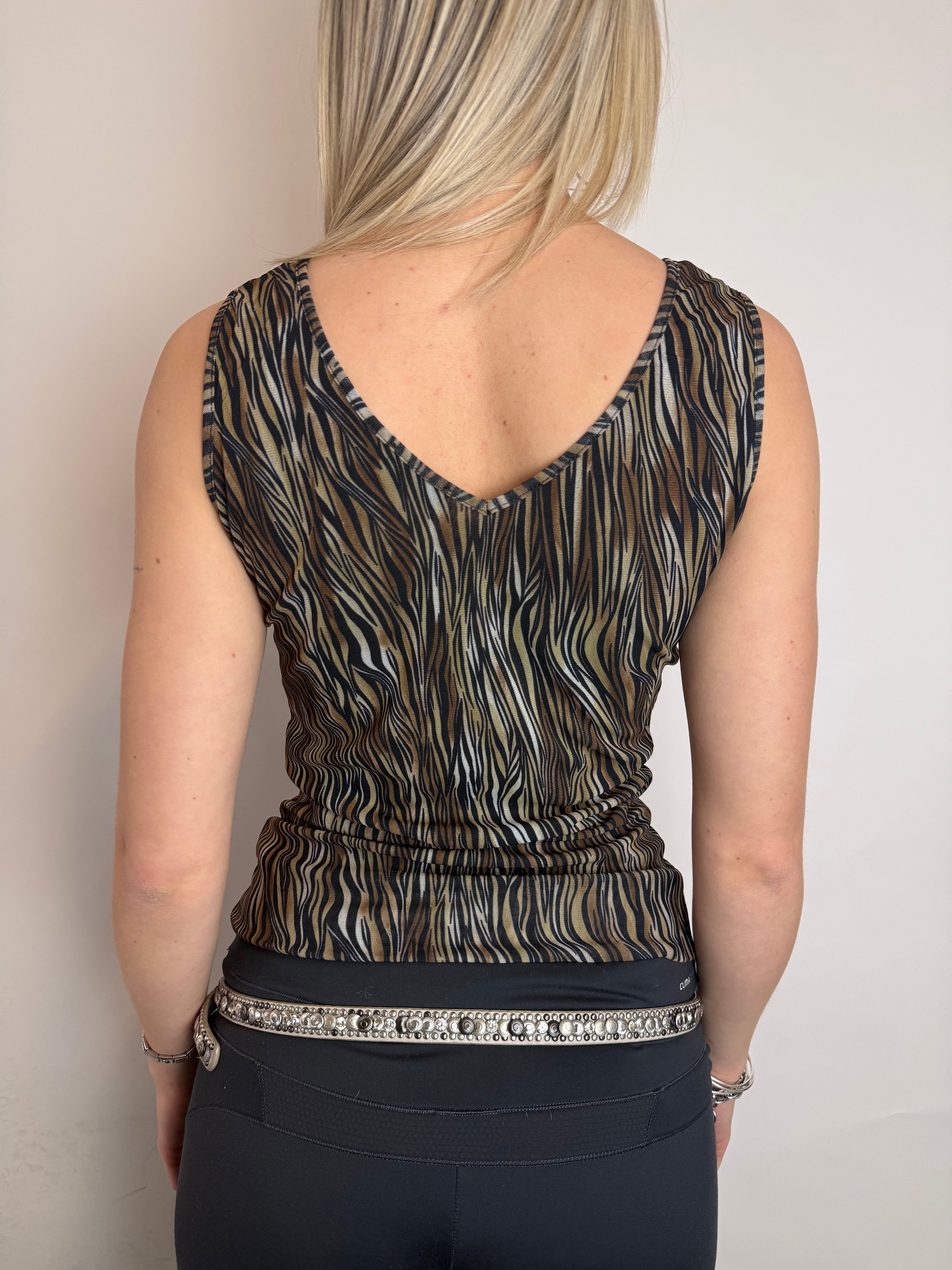 Vintage Brown Zebra Print Top mit Perlendetails für Damen. Y2K Second Hand 2000s Fashion