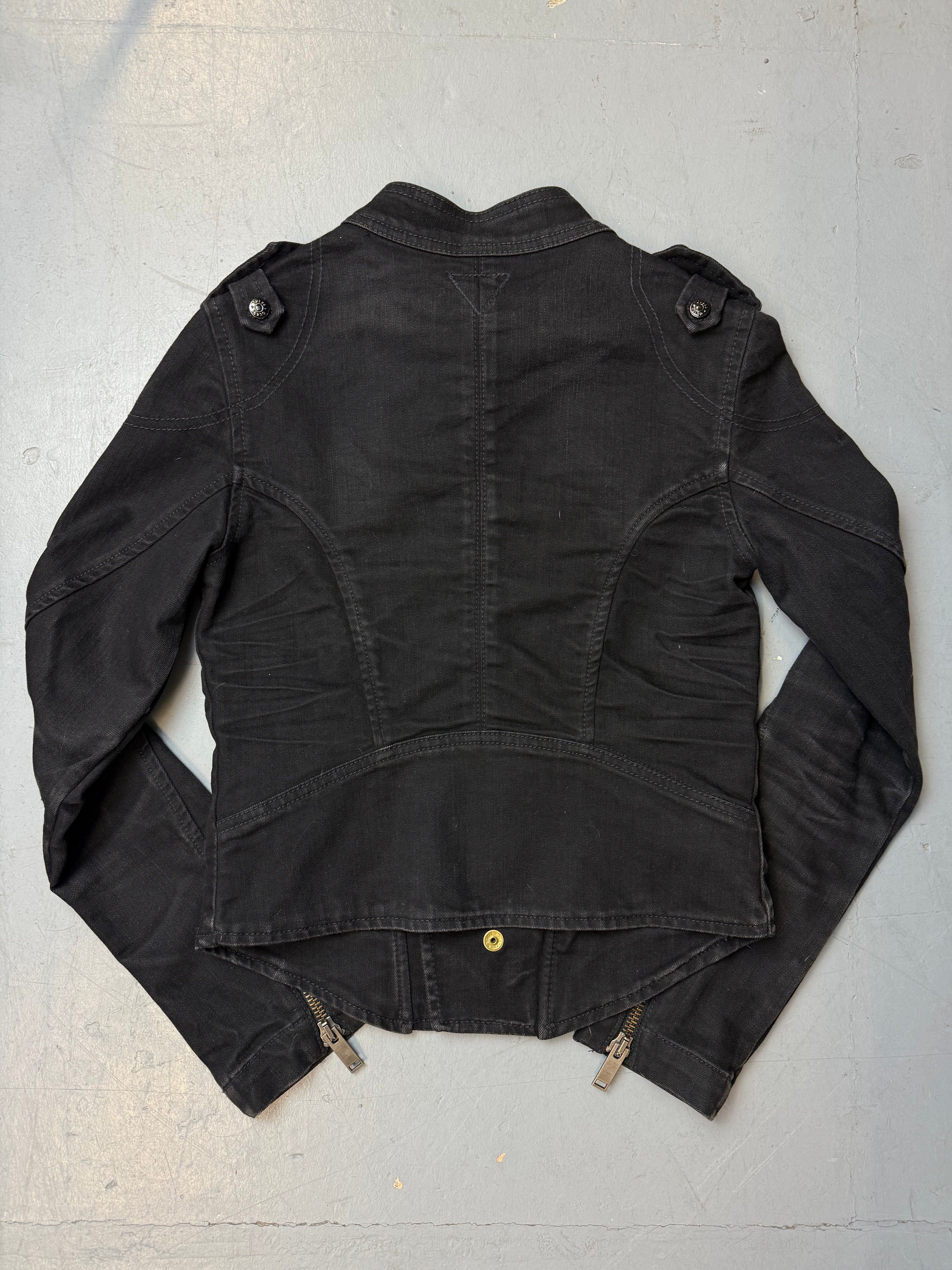 Vintage Guess Black Biker-Style Jacket für Damen. Y2K Second Hand 2000s Fashion