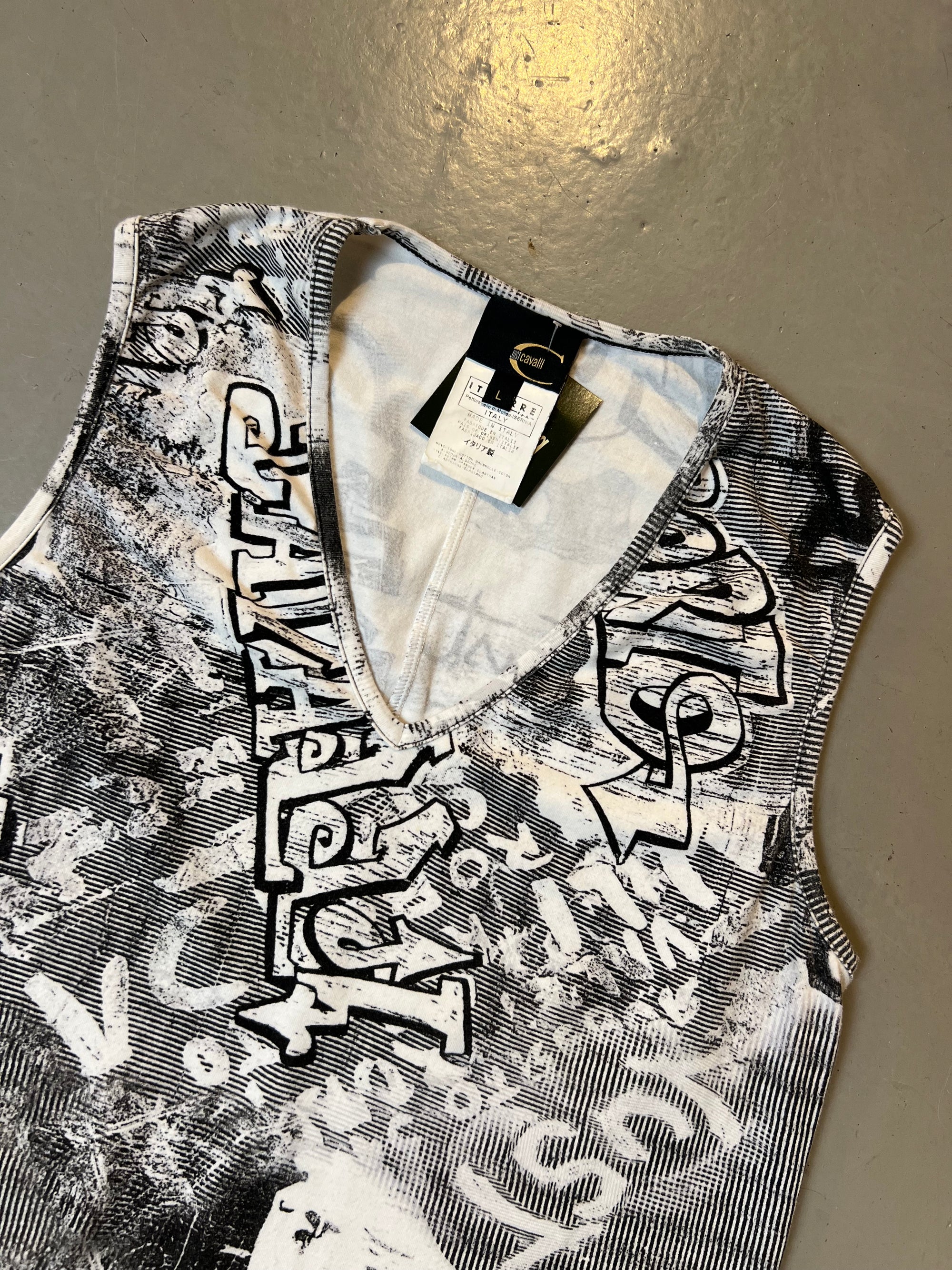 Vintage Just Cavalli White/Grey Printed Tank Top L