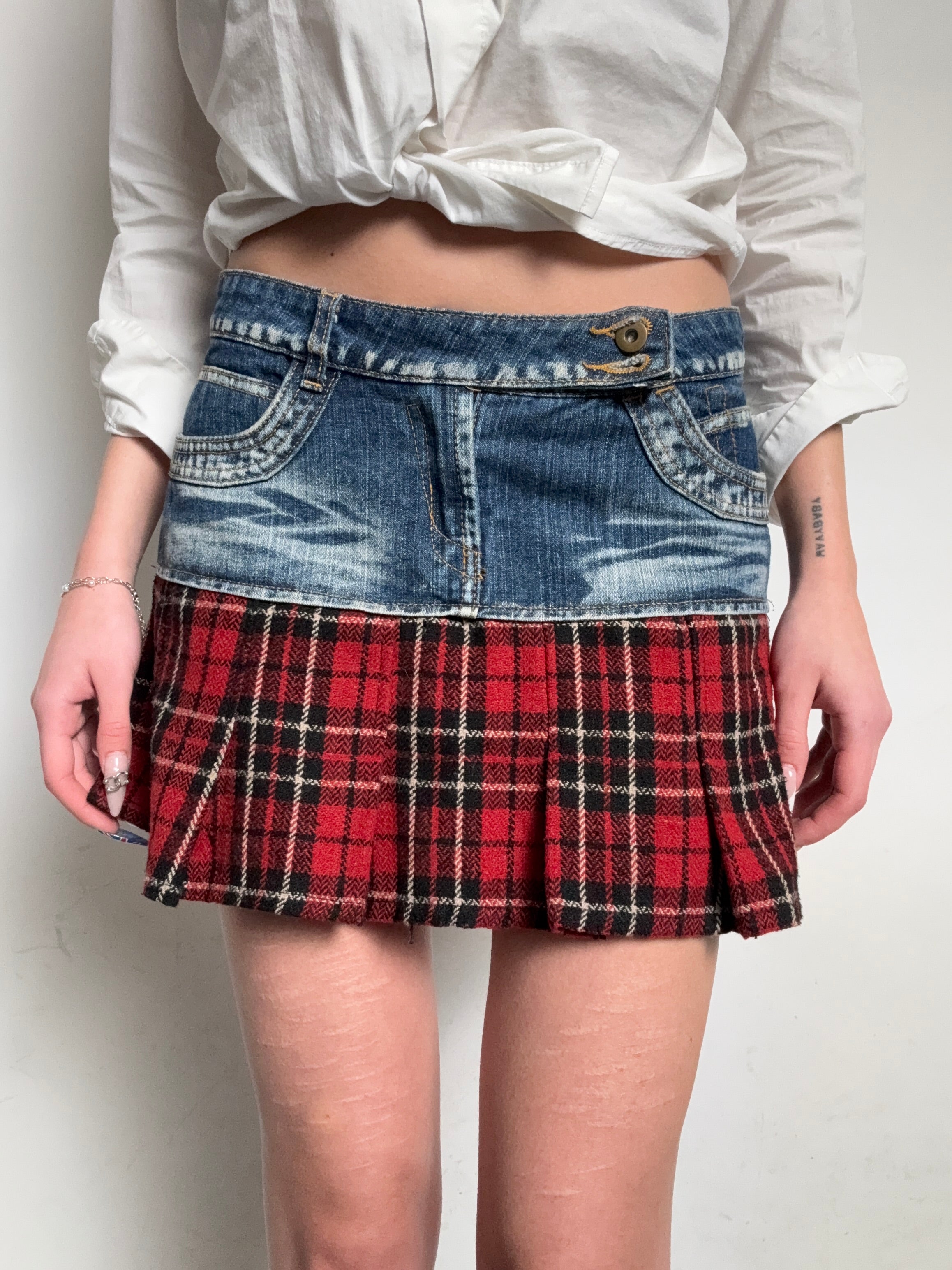 Vintage Esisto Denim and Red Plaid Mini Skirt S
