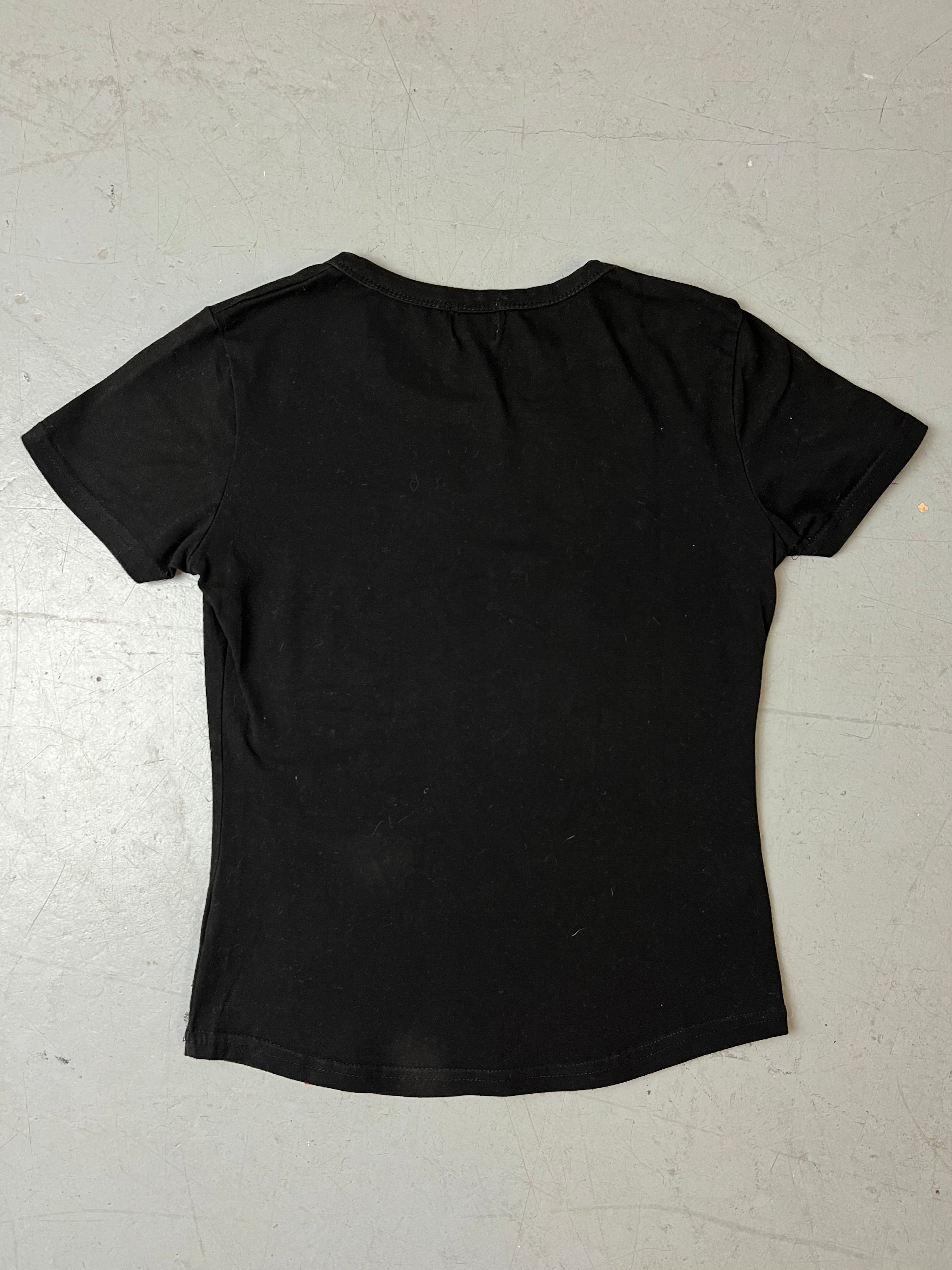 Vintage Miss Sixty Black Printed T-Shirt mit bunten Details für Damen. Y2K Second Hand 2000s Fashion