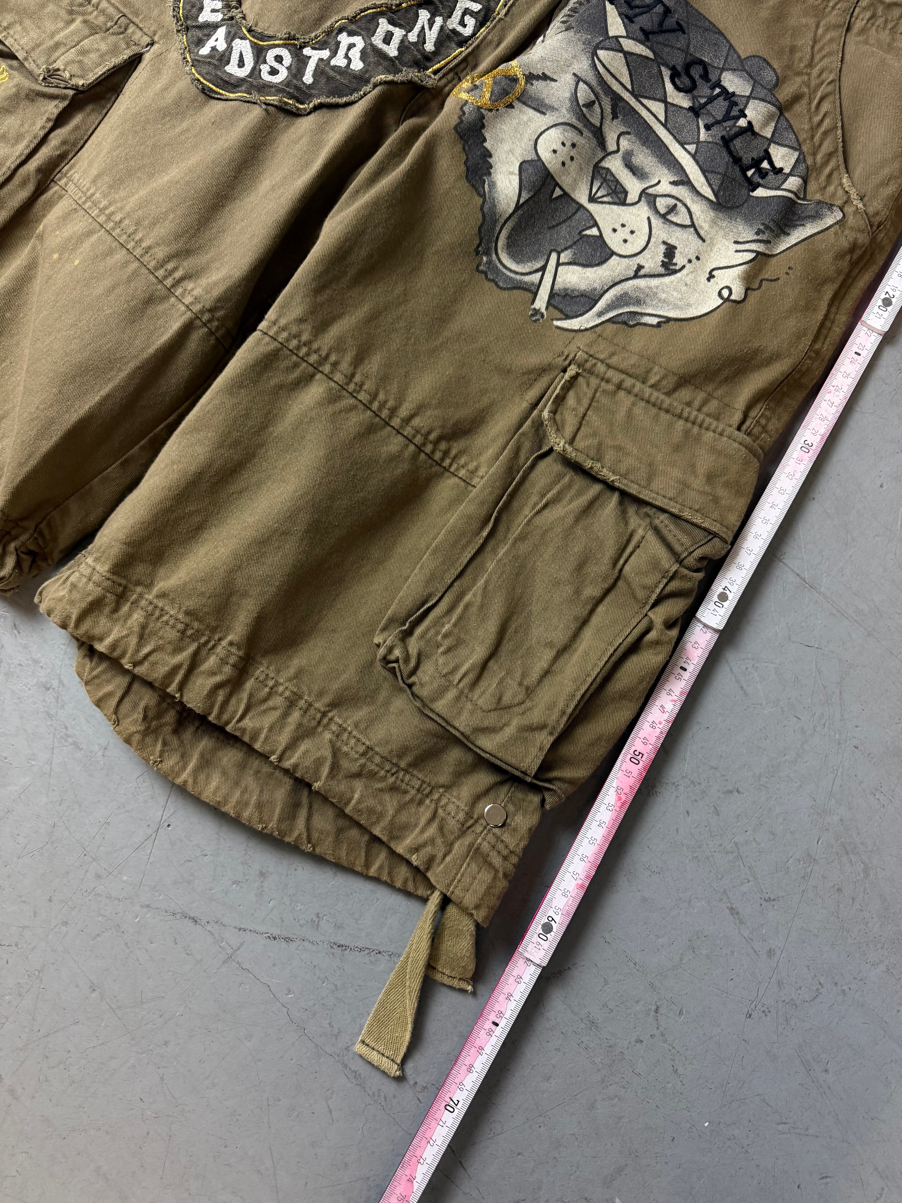 Vintage Minute Mirth Khaki Printed Jorts für Herren.Y2K Second Hand 2000s Fashion