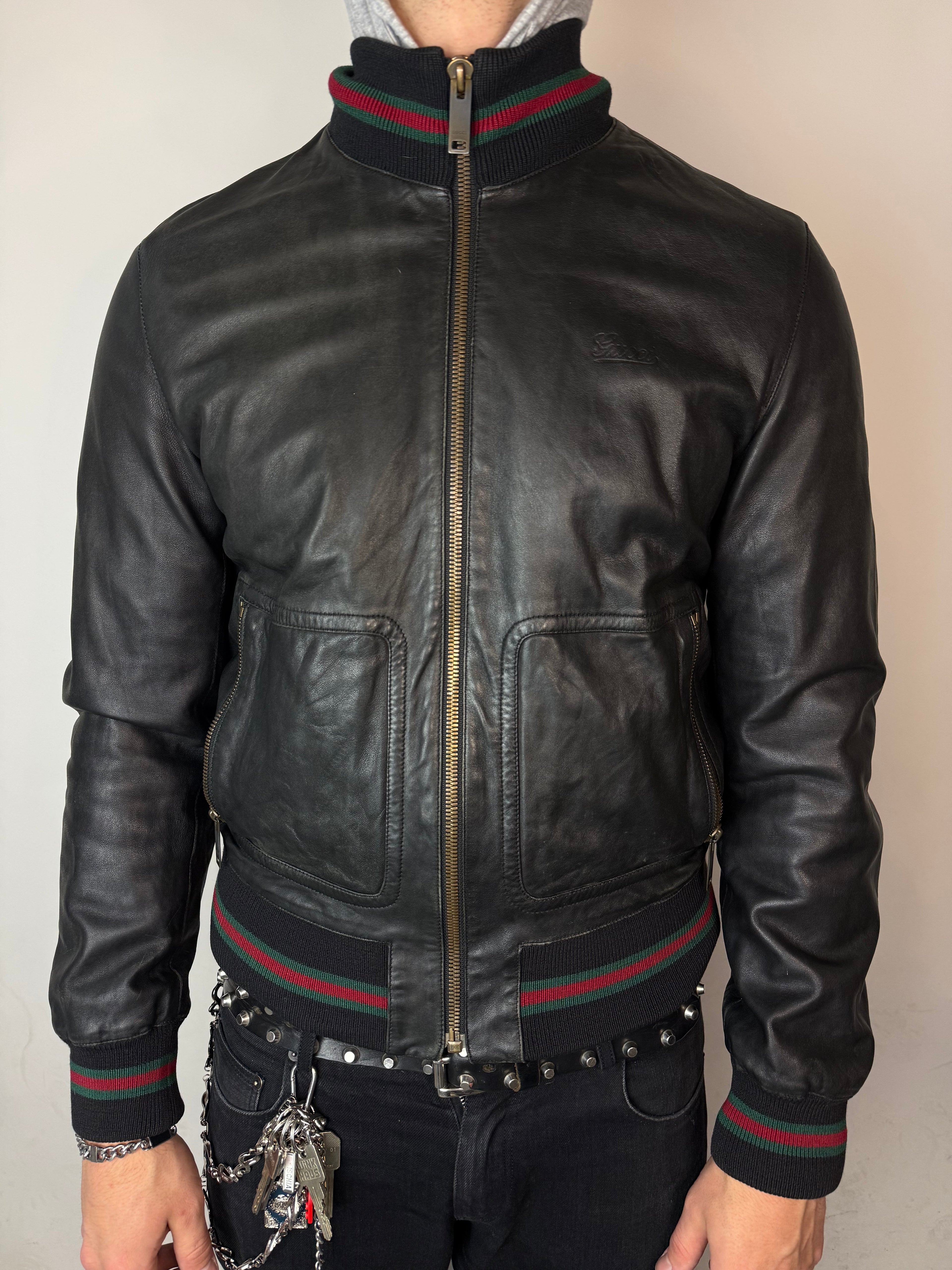 Vintage Gucci Black Leather Bomber Jacket M