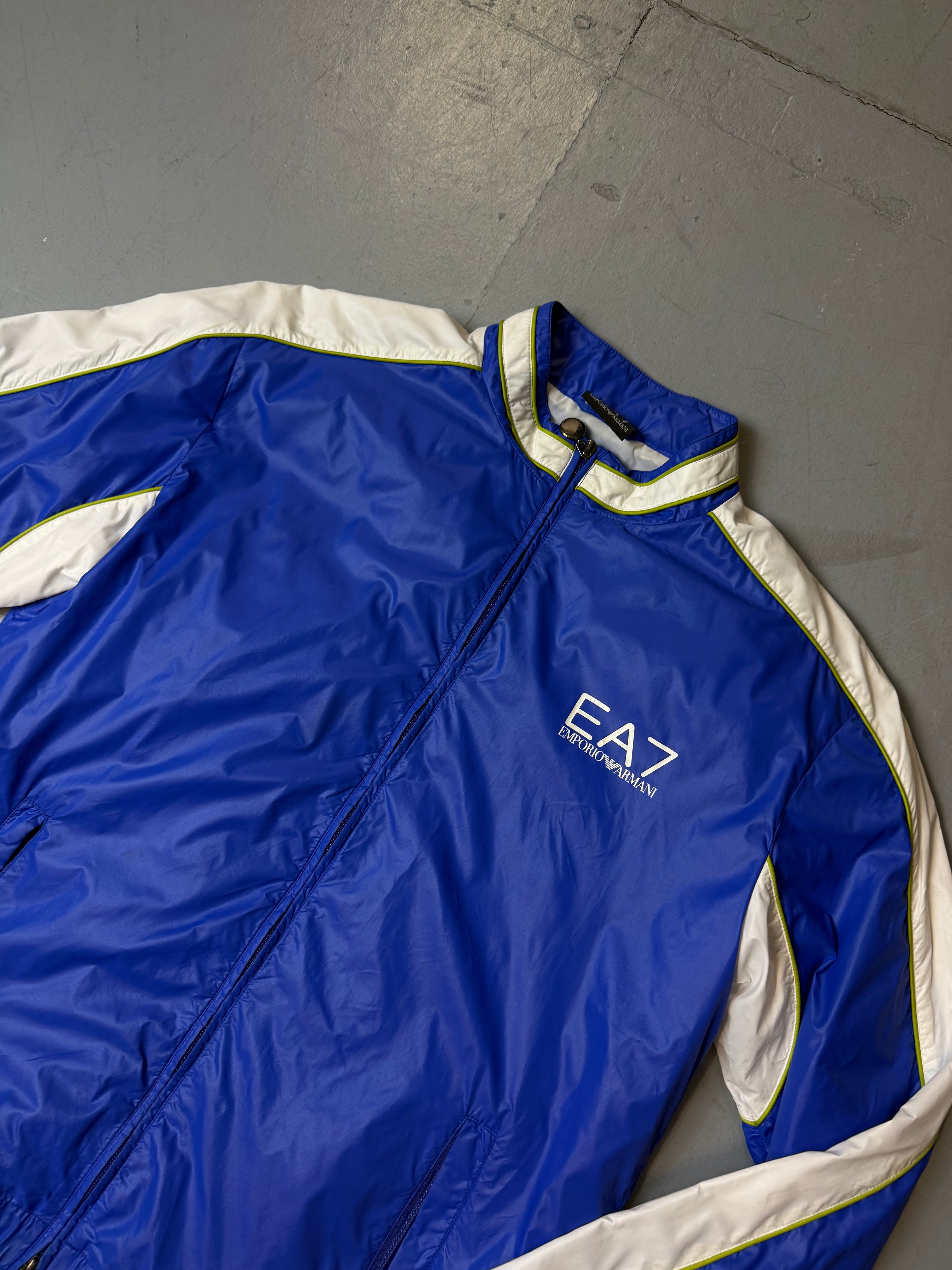 Vintage Emporio Armani Blaue Trackjacke für Herren. Y2K Second Hand 2000s Fashion 