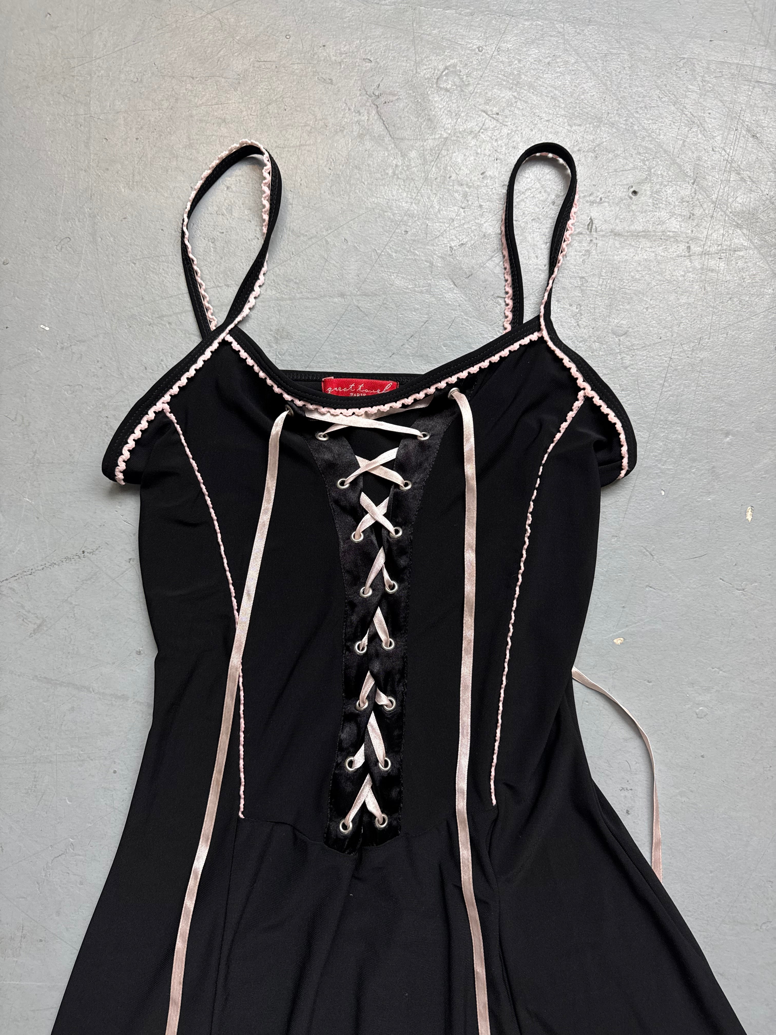 Vintage Black Asymmetrical Laced Up Dress für Damen Y2K Second Hand 2000s Fashion