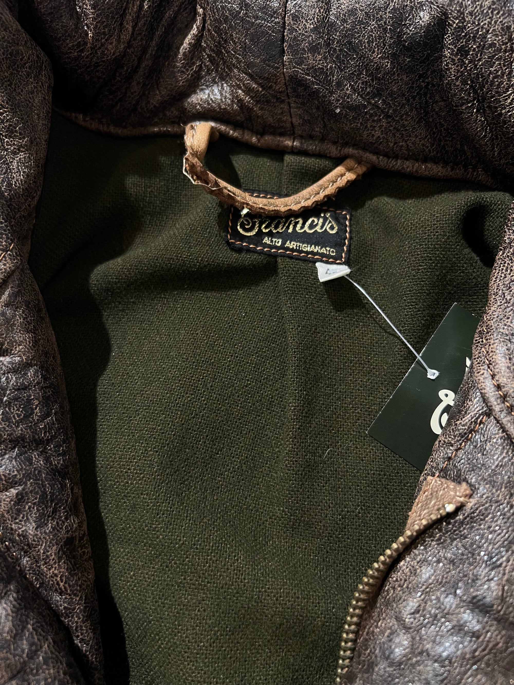 Vintage Brown Leather Jacket With Green Details L/XL