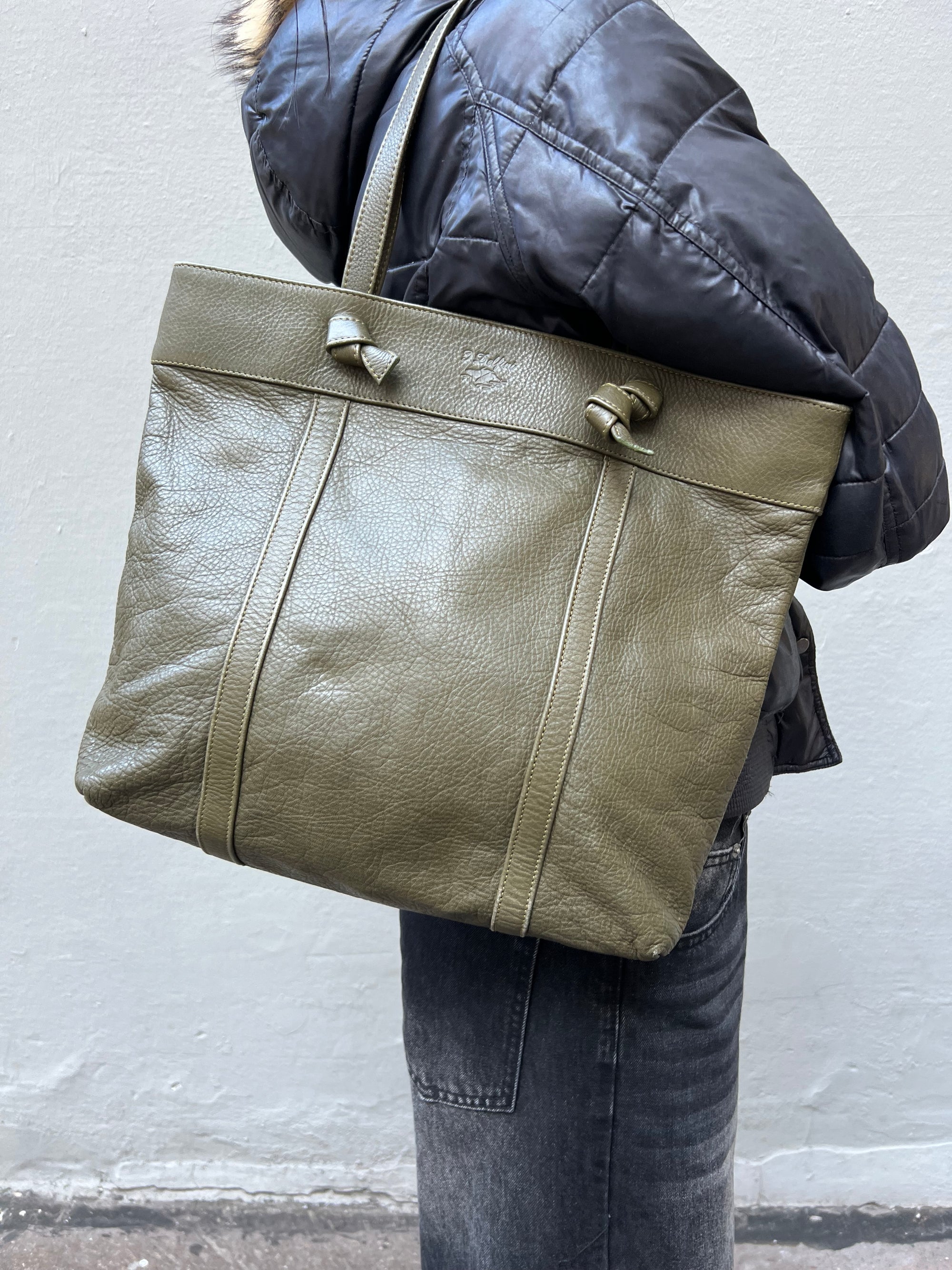 Vintage Green Leather Shopper Bag