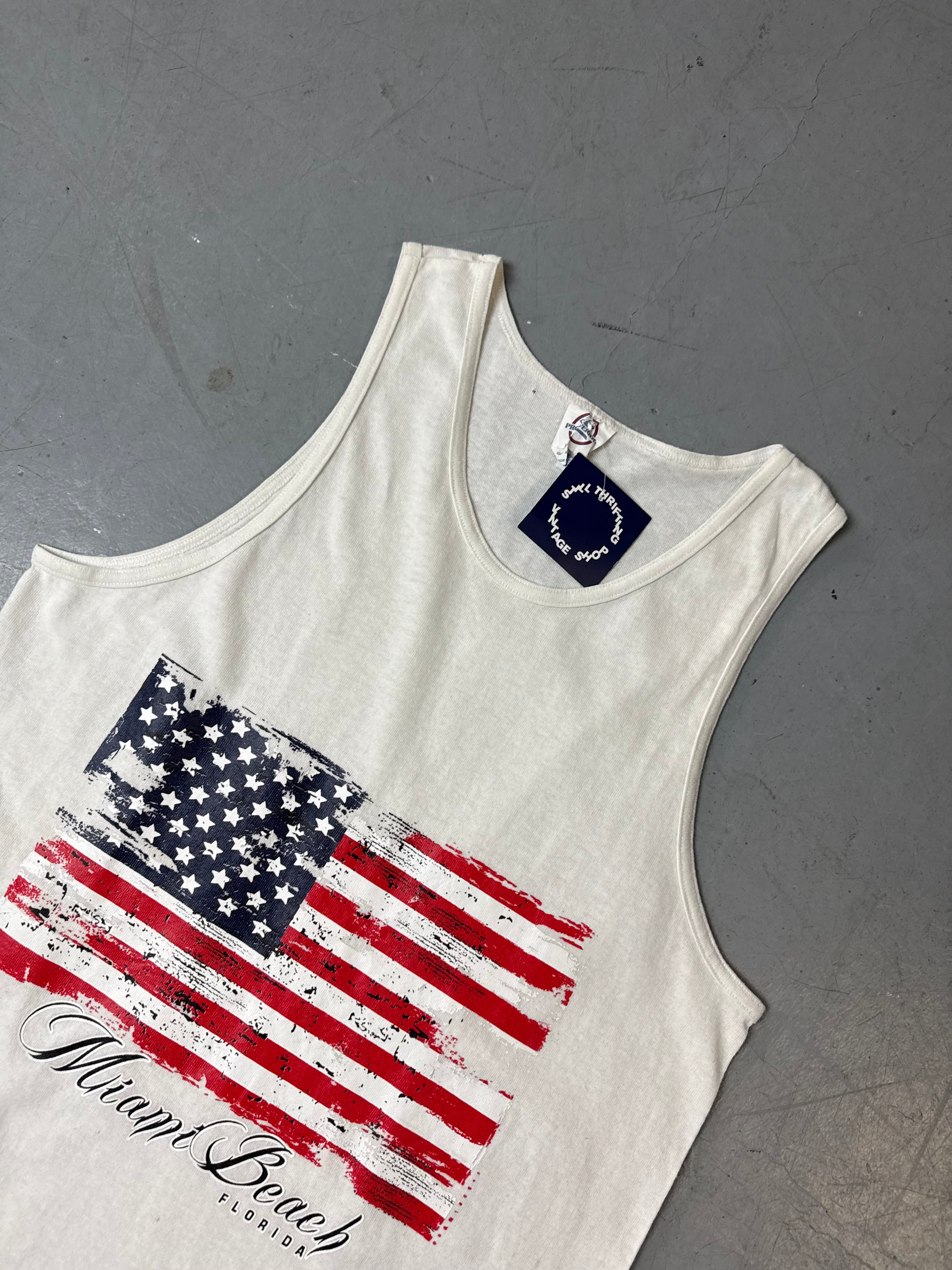 Detailliertes Produktbild von Vintage Miami Beach Printed White Tank Top M/L von vorne