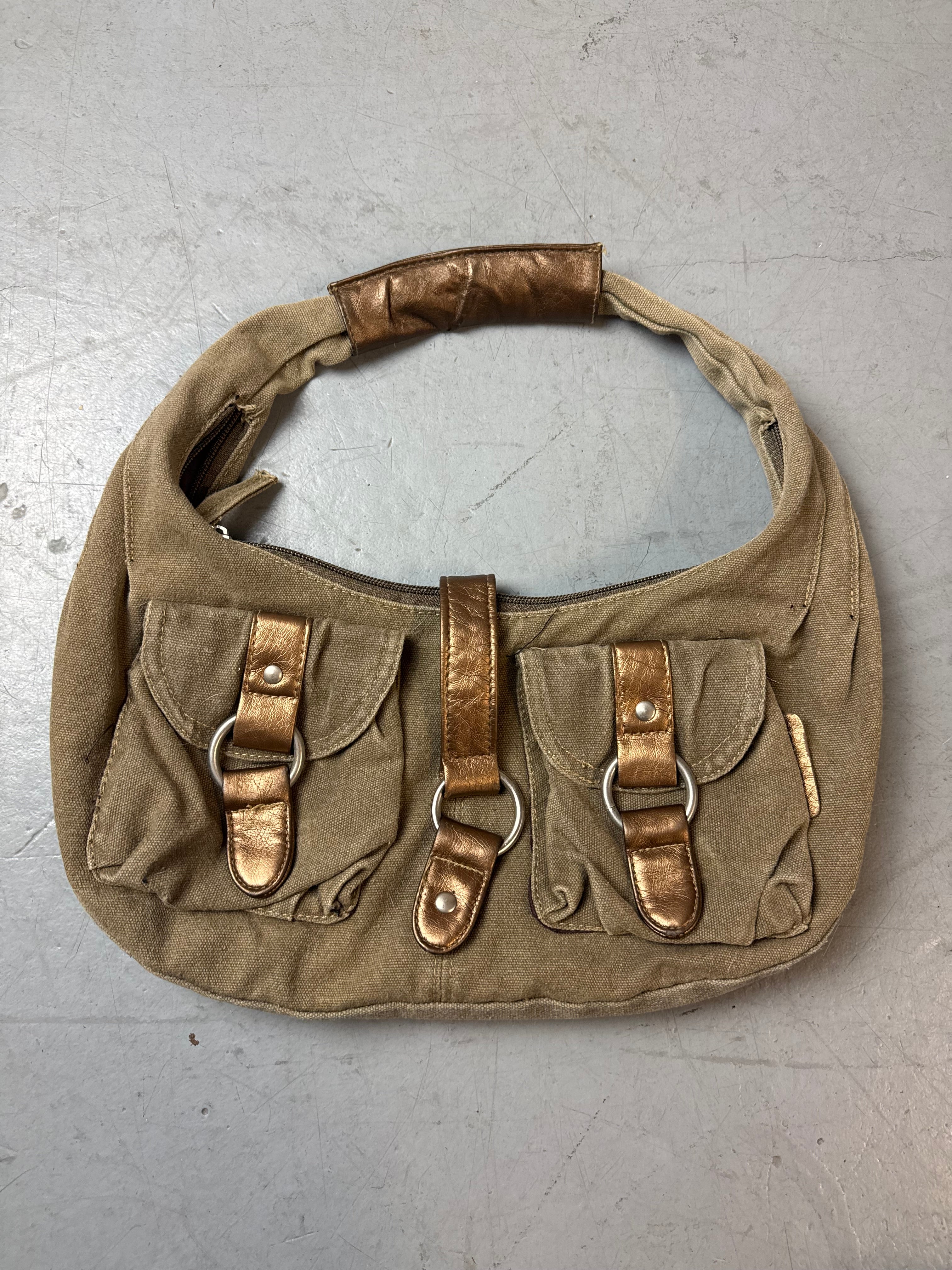 Vintage Daniel Ray Khaki Hobo Bag für Damen. Y2K Second Hand 2000s Fashion
